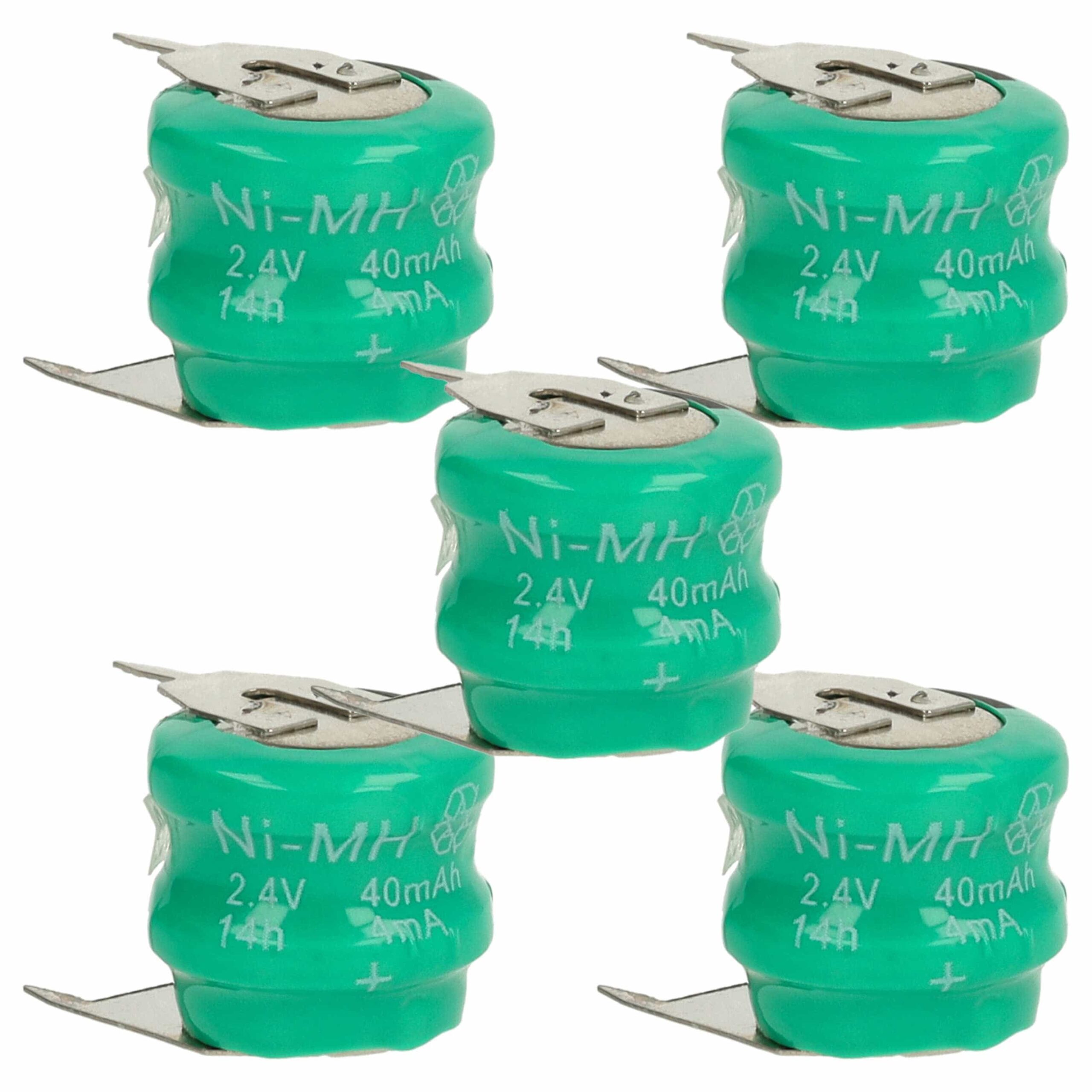 5x Pilhas Botão Recarregáveis V40H 3 Contactos vhbw - 40 mAh 2.4V NiMH