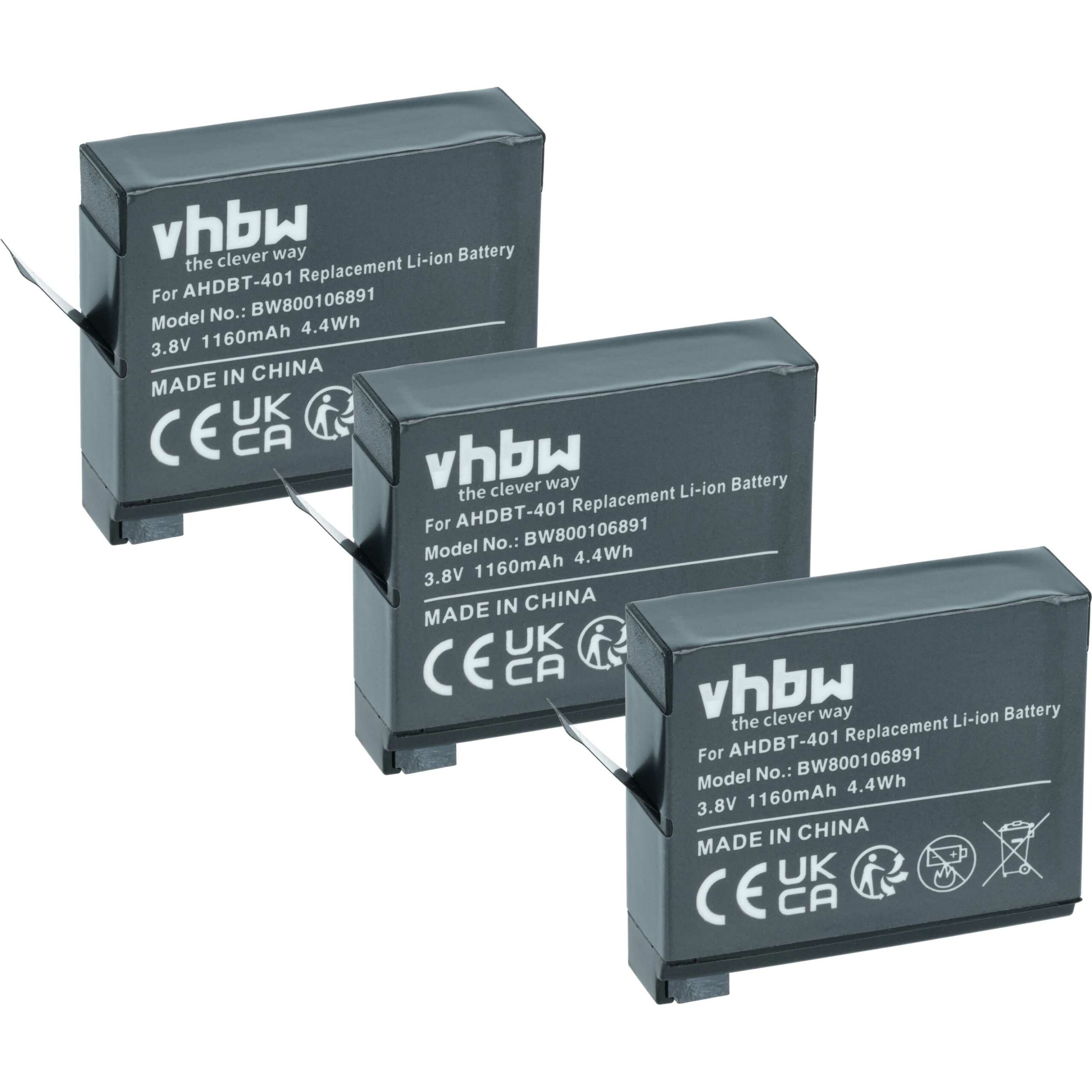 Pack 3x Bateria vhbw para GoPro AHDBT-401 - 1160 mAh 3.7V Li-Ion