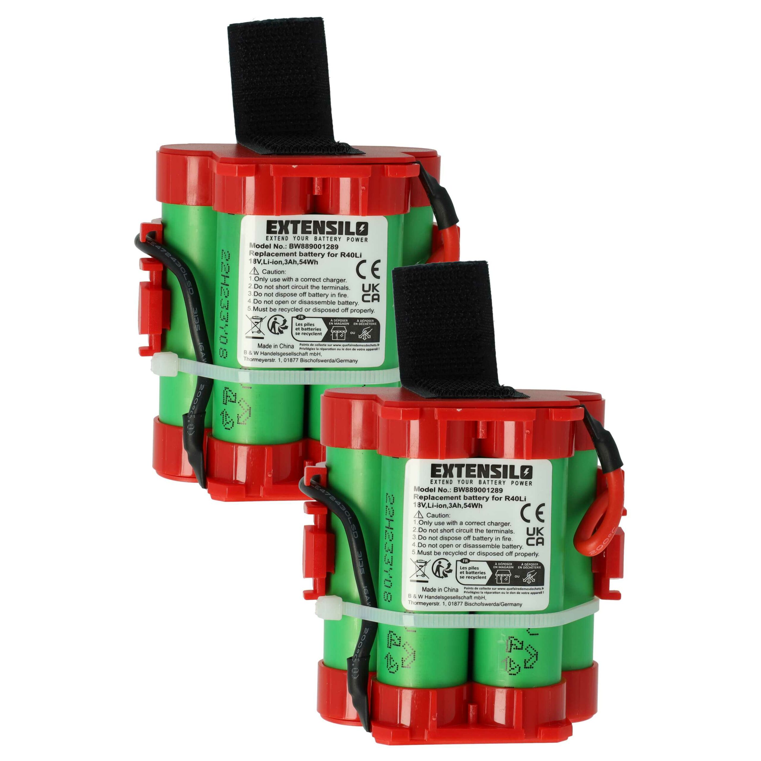 2x Bateria EXTENSILO 3000 mAh 18 V Li-Ion para Gardena R40Li, Husqvarna Automower, Flymo 1200R