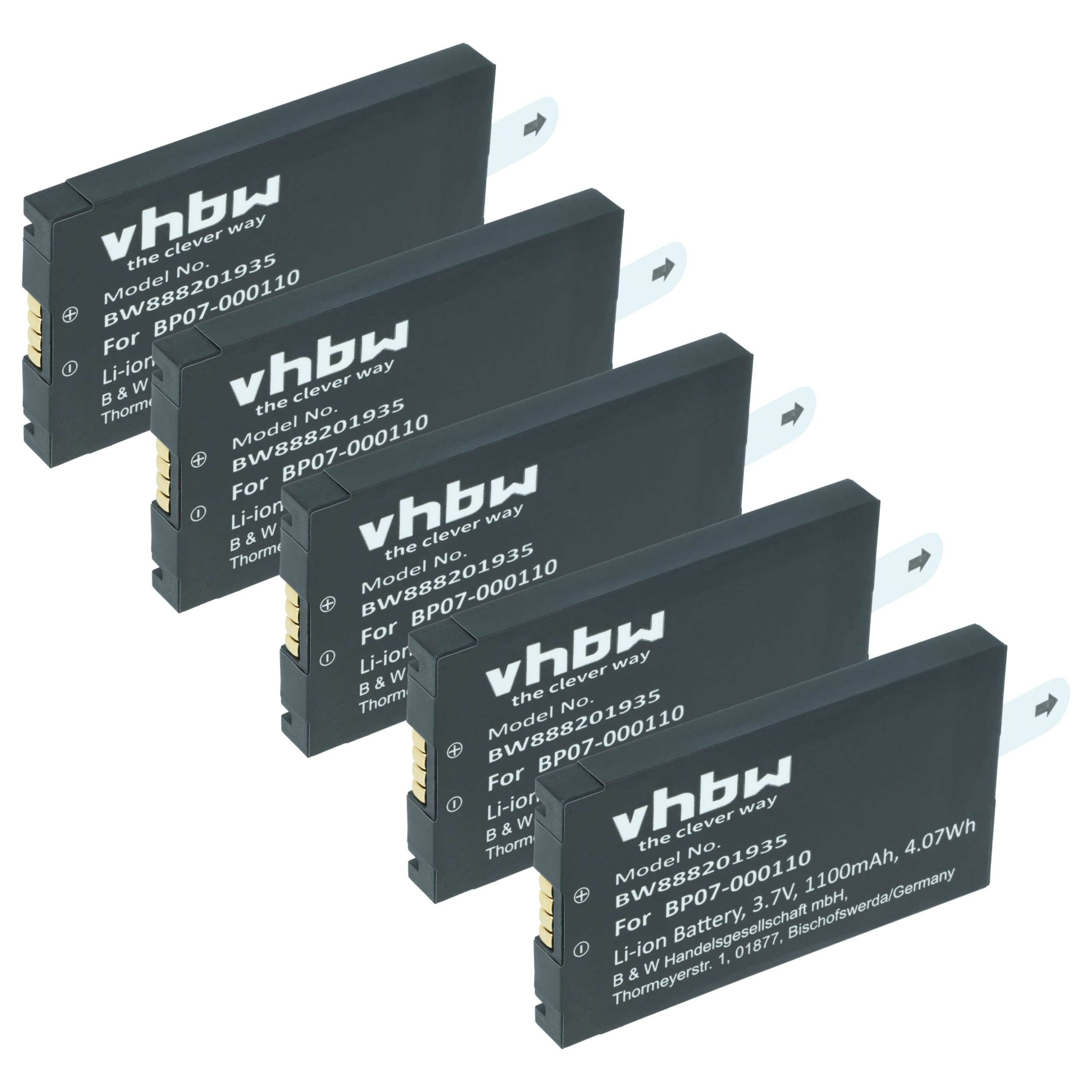 5x Bateria vhbw compatível com Datalogic 11300794, 3H21-00000370 - Scanner POS 1100 mAh 3.7 V