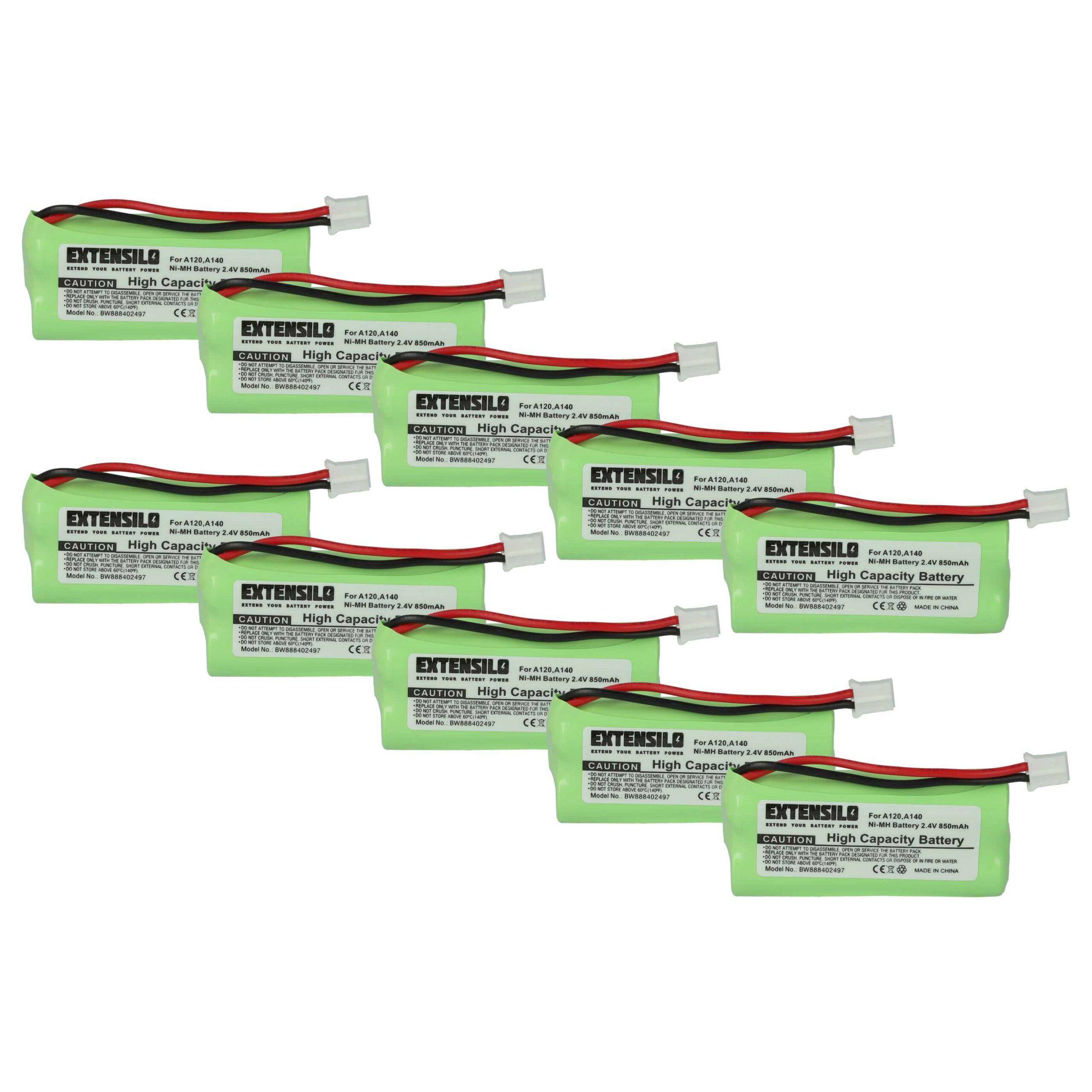 10x Bateria EXTENSILO 850 mAh 2.4V NiMH para telefone T-Com DECT - Compatível 55AAAHR2BMX, 220436C1, 41AAAH2BMX, 220382C1