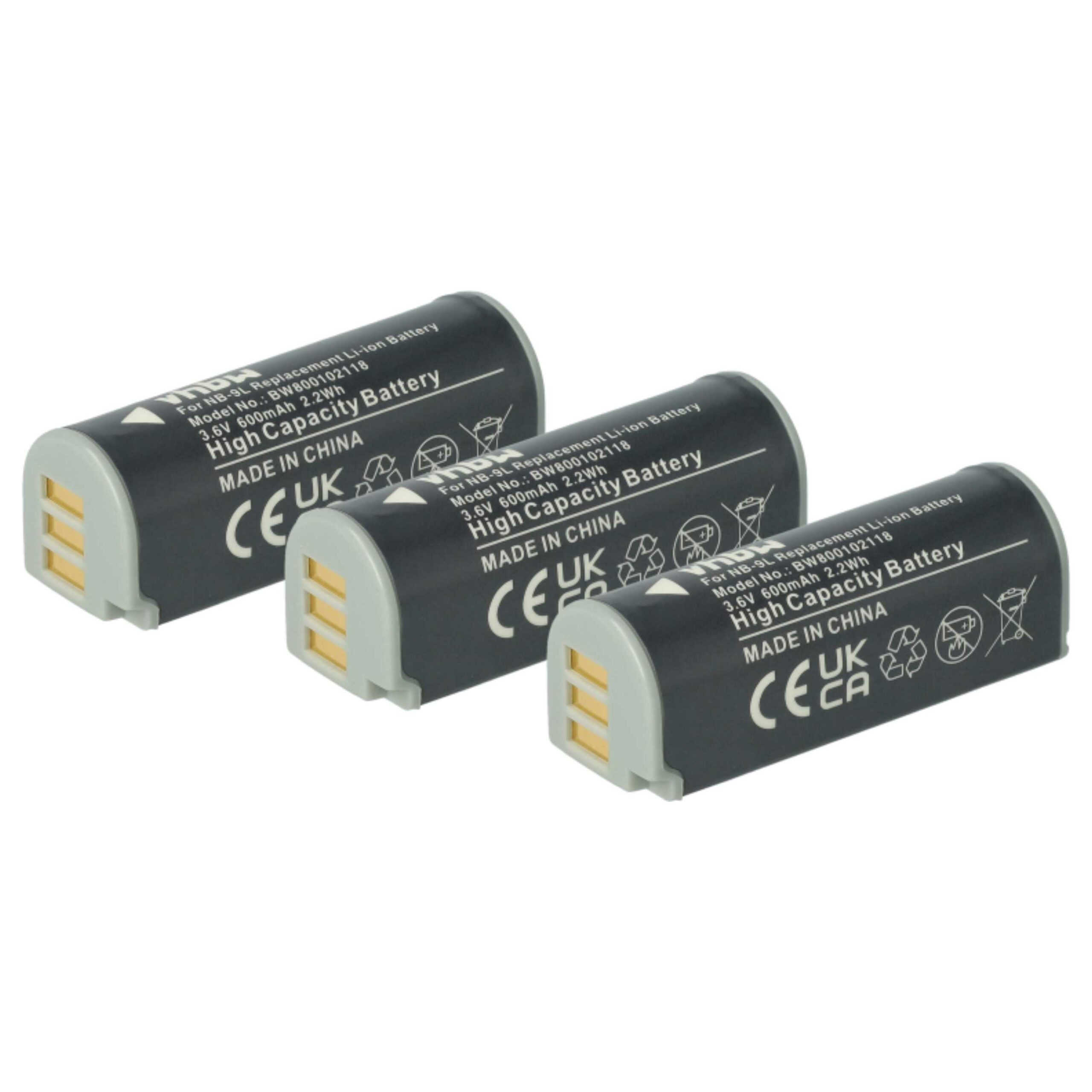 3x Bateria vhbw NB-9L - 600mAh, 3.6V, Li-Ion para Canon
