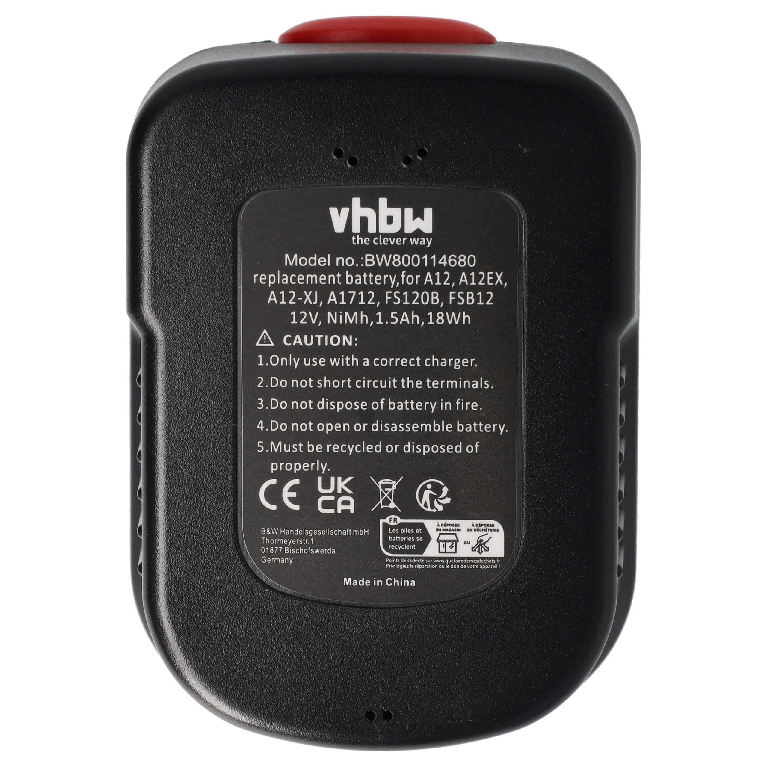 2x Bateria de substituição vhbw para Black & Decker A12, A12EX, A12E, A12-XJ - 1500 mAh, 12 V, NiMH - Image 3