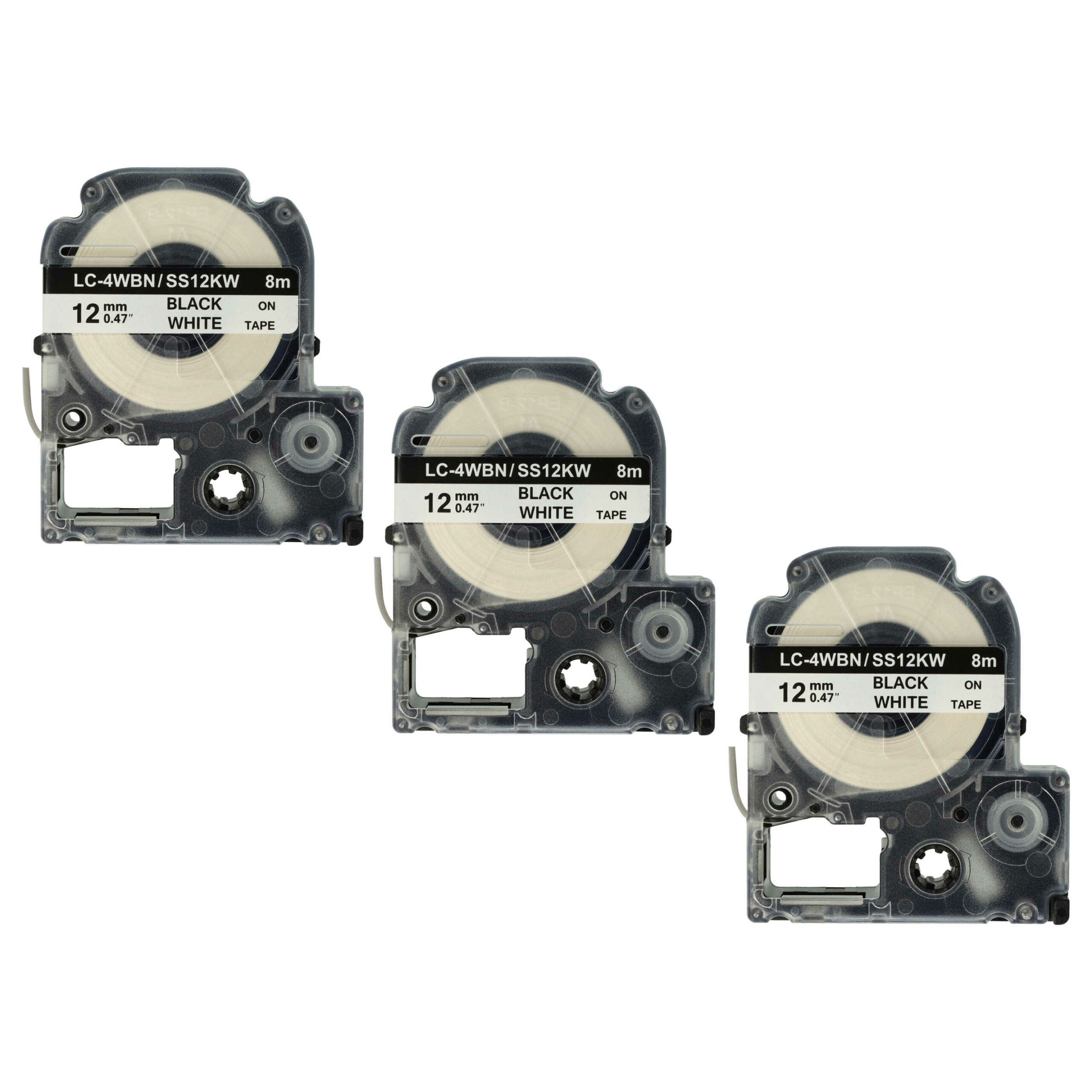 3x Fita de Etiquetas Compatível Epson SS12KW, LC-4WBN - 12 mm Preto sobre Branco