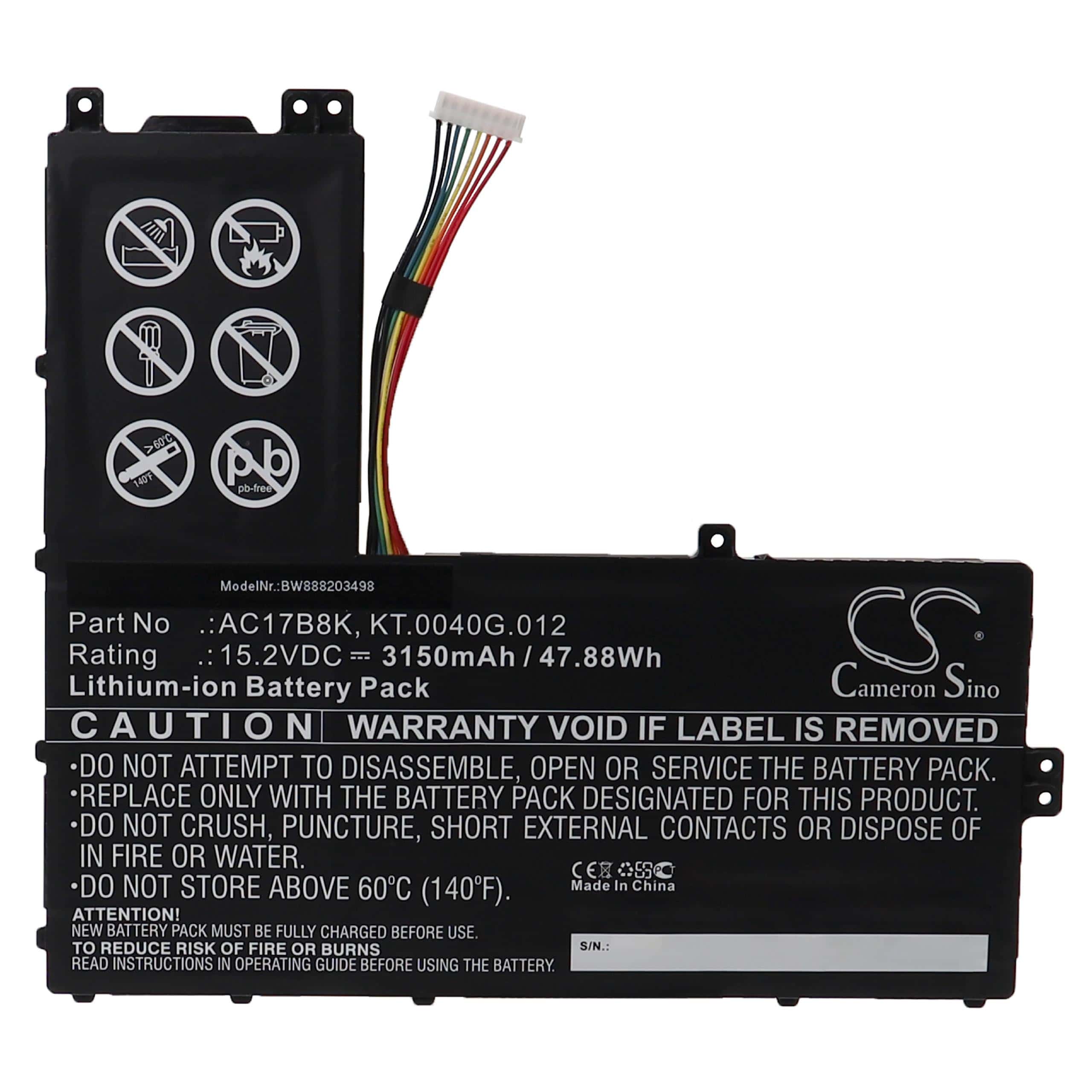 Bateria vhbw para Acer Notebook - AC17B8K, KT.0040G.012, 4ICP5/57/81 - 3150 mAh 15.2 V Li-Ion