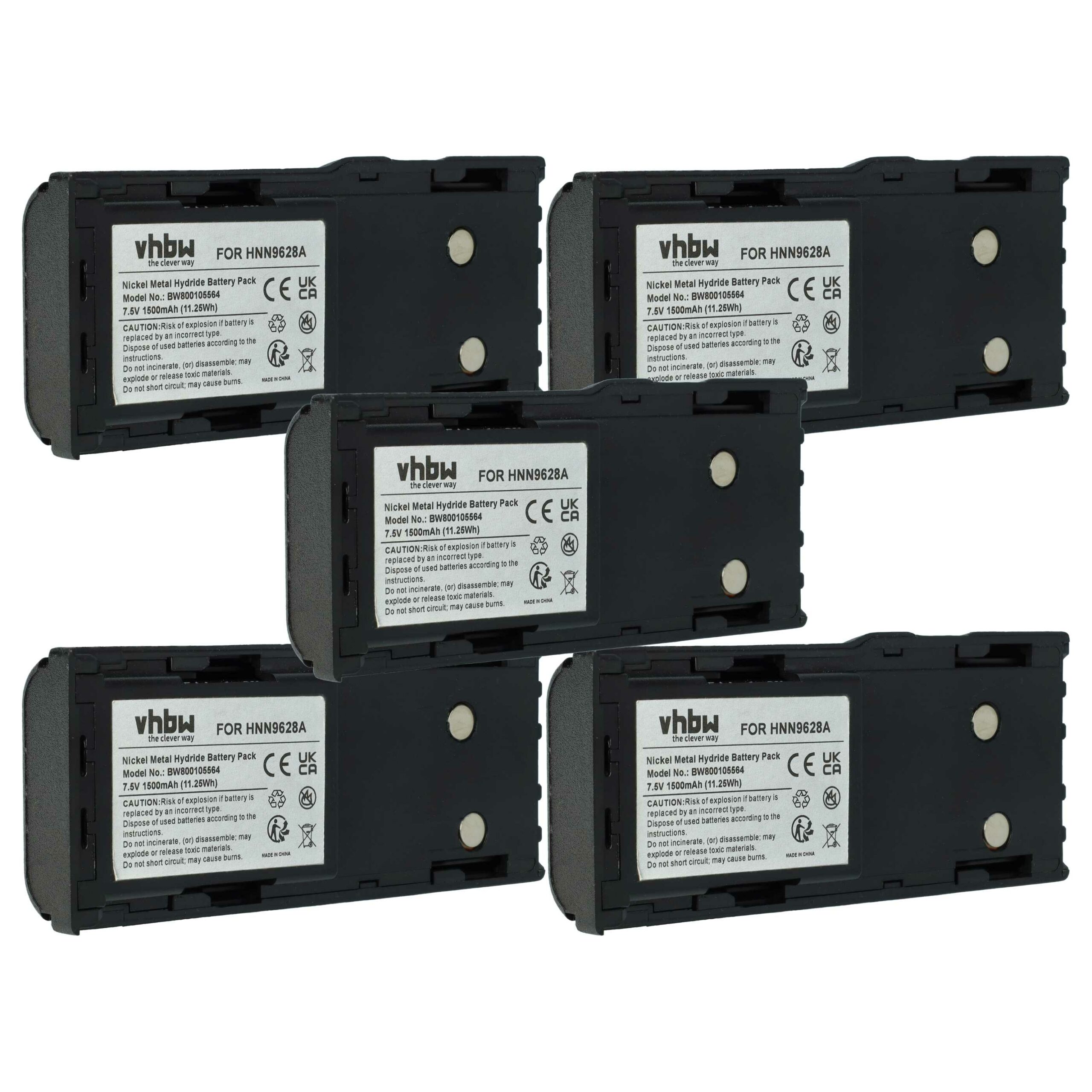 5x Bateria para Rádio Motorola HNN8133C, HNN9628A, HNN8308A - 1500 mAh 7.5 V NiMH + Clip de Cintura vhbw