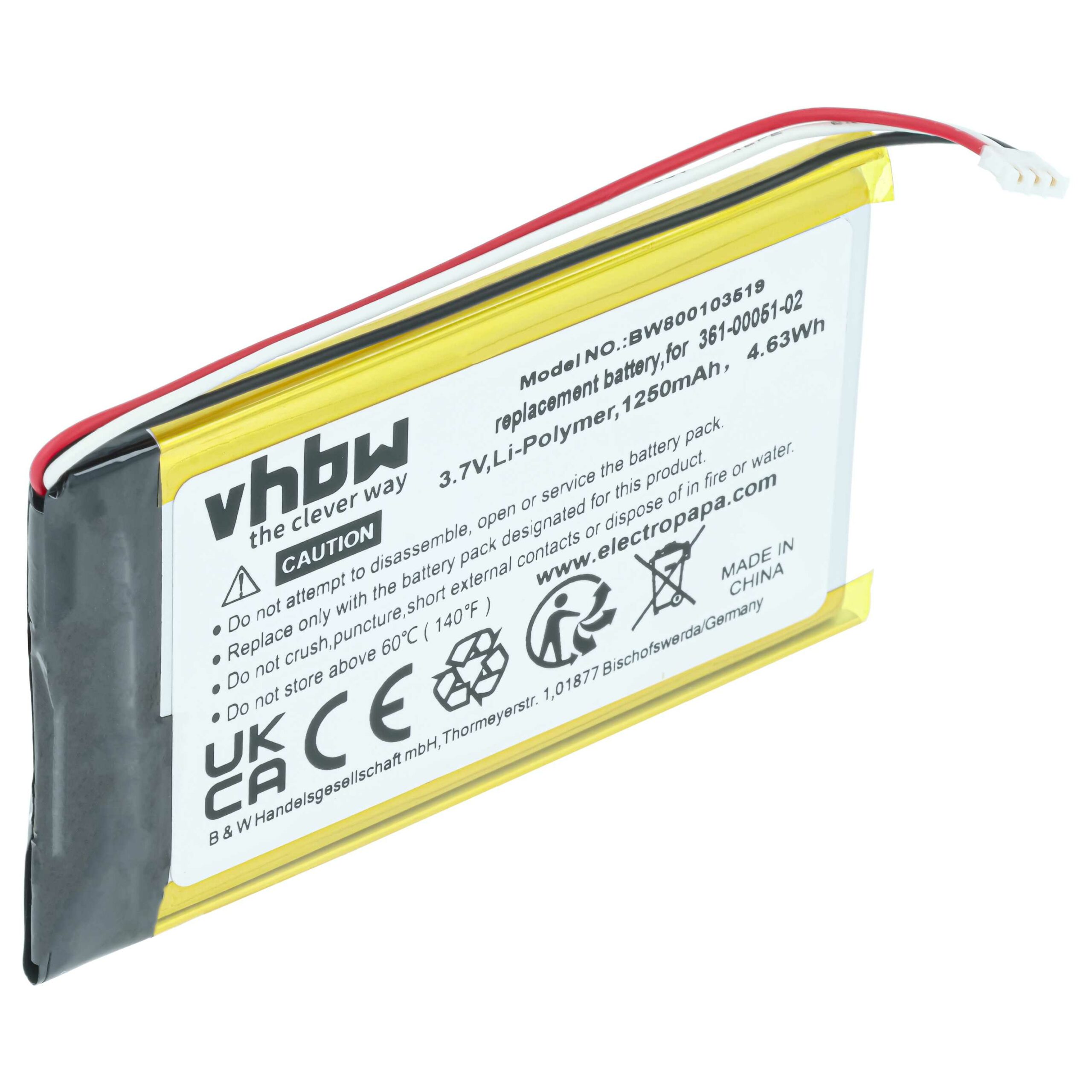 Bateria GPS vhbw compatível com Garmin 361-00051-01, 361-00051-12, 361-00051-02, 361-00051-00 - 1250mAh, 3.7V