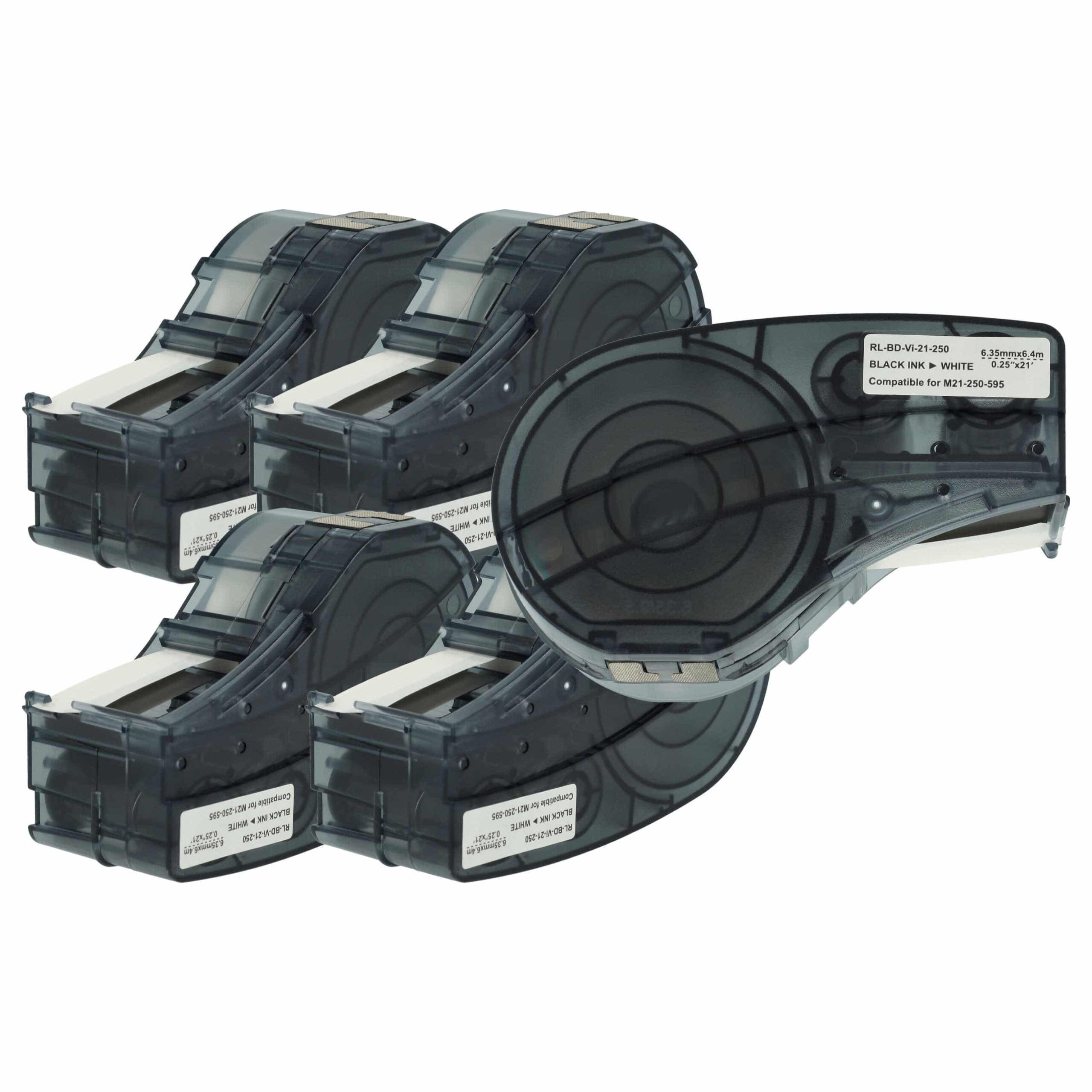 5x Fita de Etiquetas Compatível Brady M21-250-595-WT - 6.35 mm Preto sobre Branco, Vinil