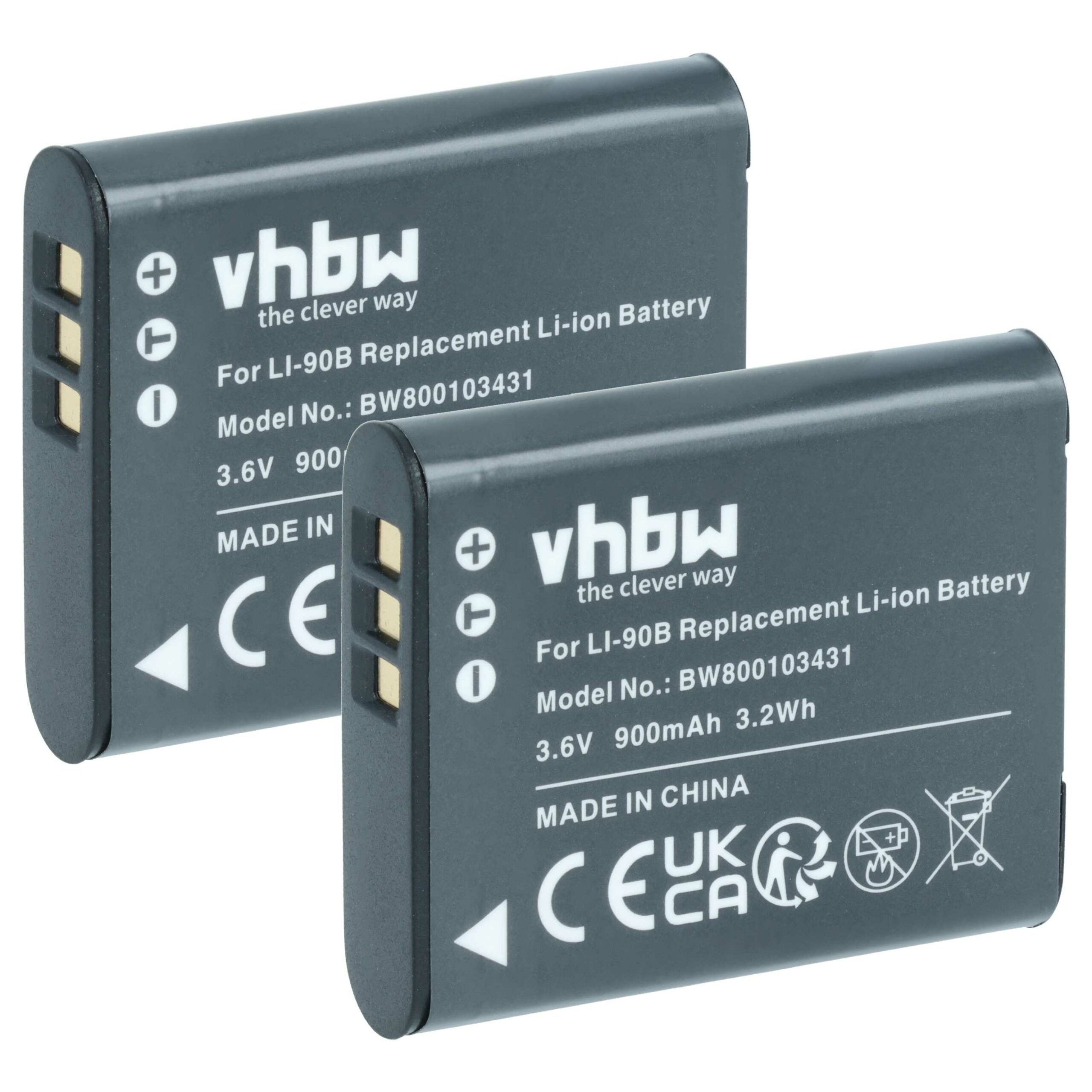 2x Bateria vhbw Li-Ion para Olympus Li-92B, Li-90B - 900mAh, 3.6V