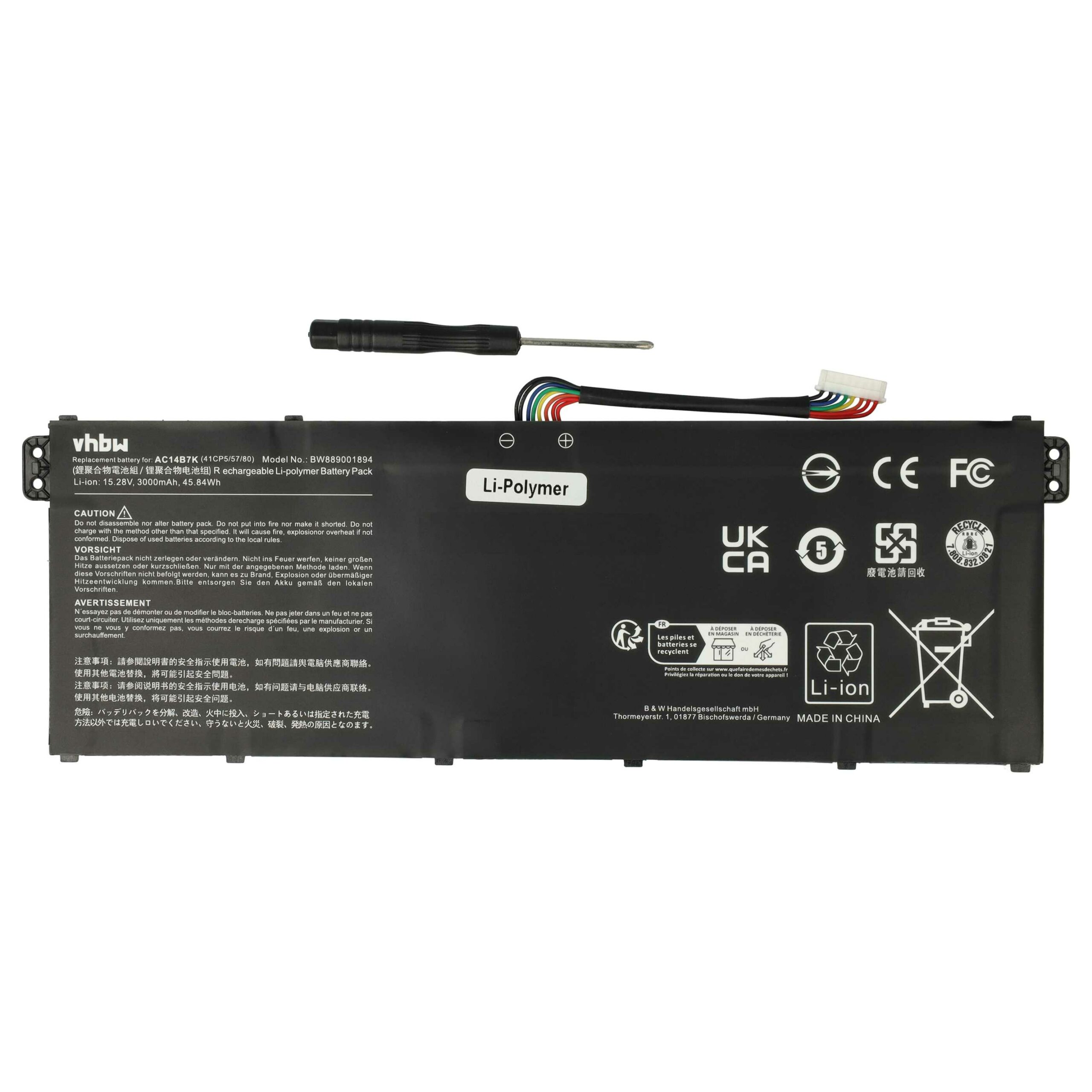 Bateria vhbw para Acer AC14B7K - 3000 mAh 15.28 V Li-polímero, preta