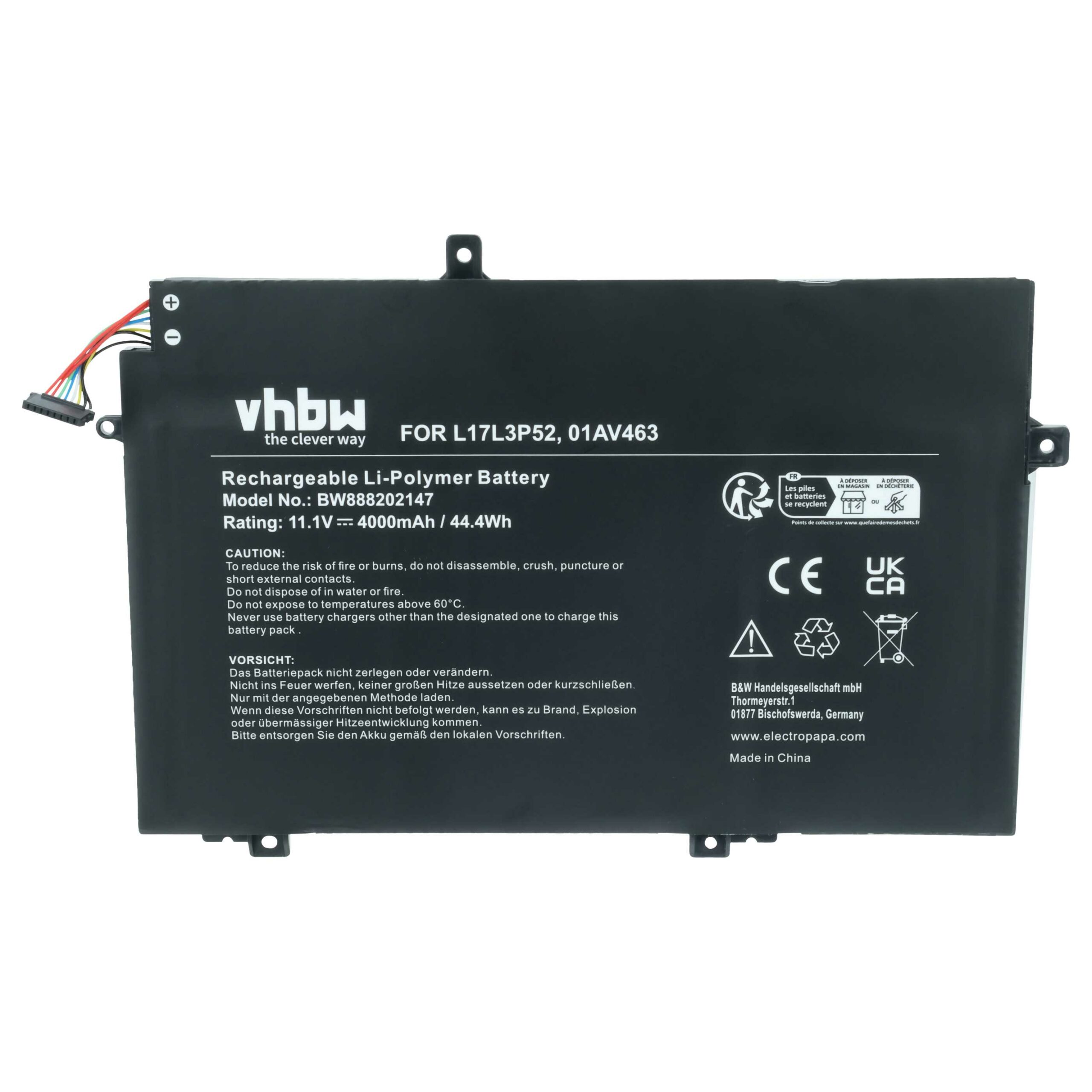 Bateria vhbw para Lenovo 01AV463, 5B10W13894, L17L3P52, SB10K97606 - 4000 mAh 11.1 V Li-polymer - Image 3