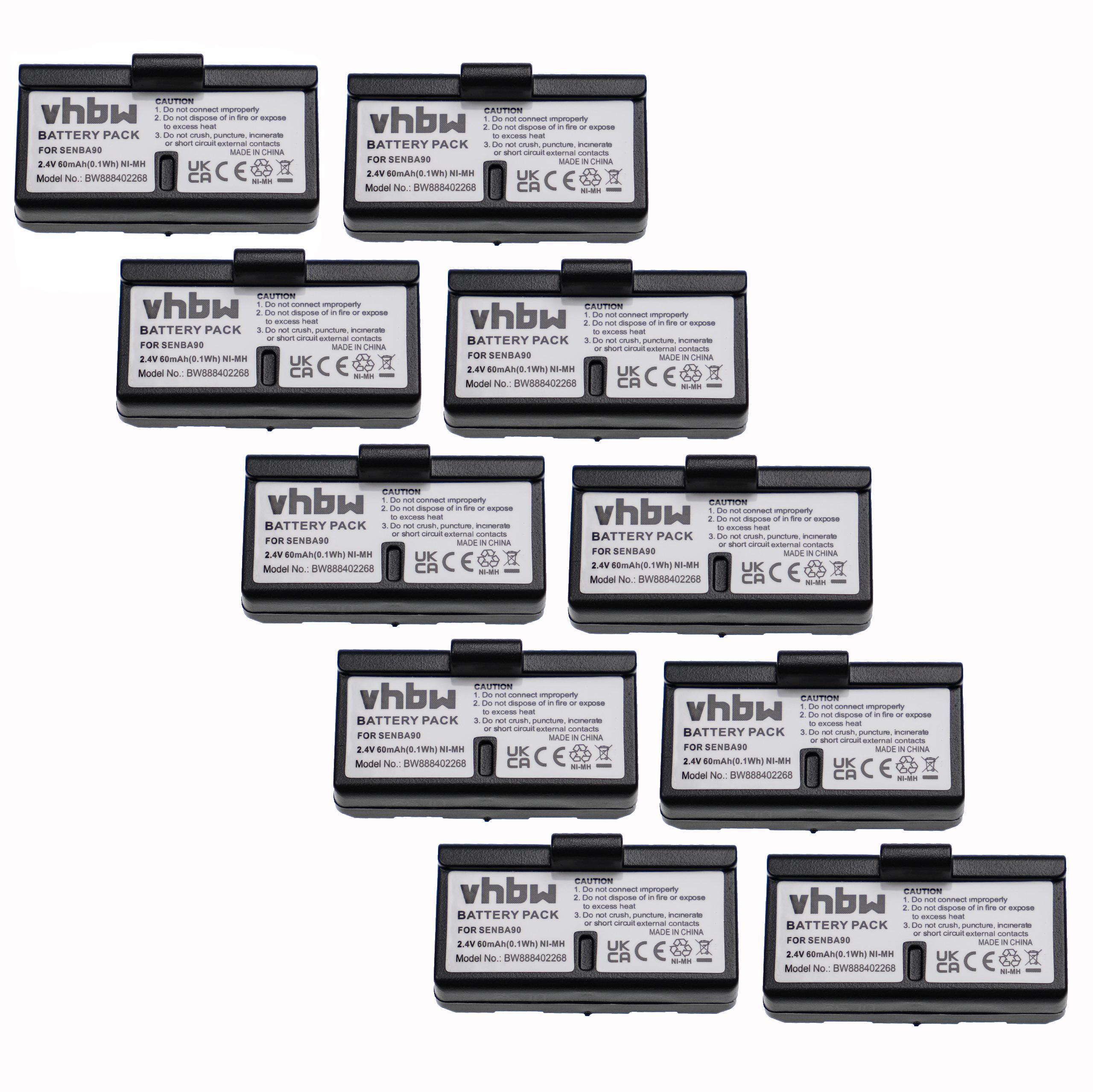 Bateria Wireless vhbw 10x compatível com Sennheiser BA90, E90, E180 - 60 mAh 2.4 V NiMH
