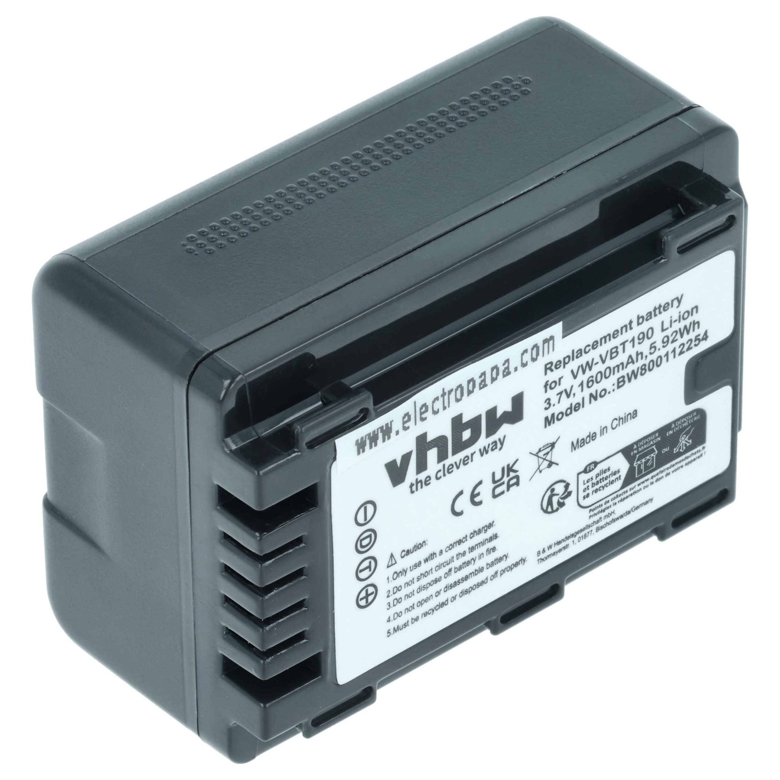Bateria vhbw para Videocâmaras Panasonic VW-VBT190 - 1600 mAh 3.6V Li-Ion