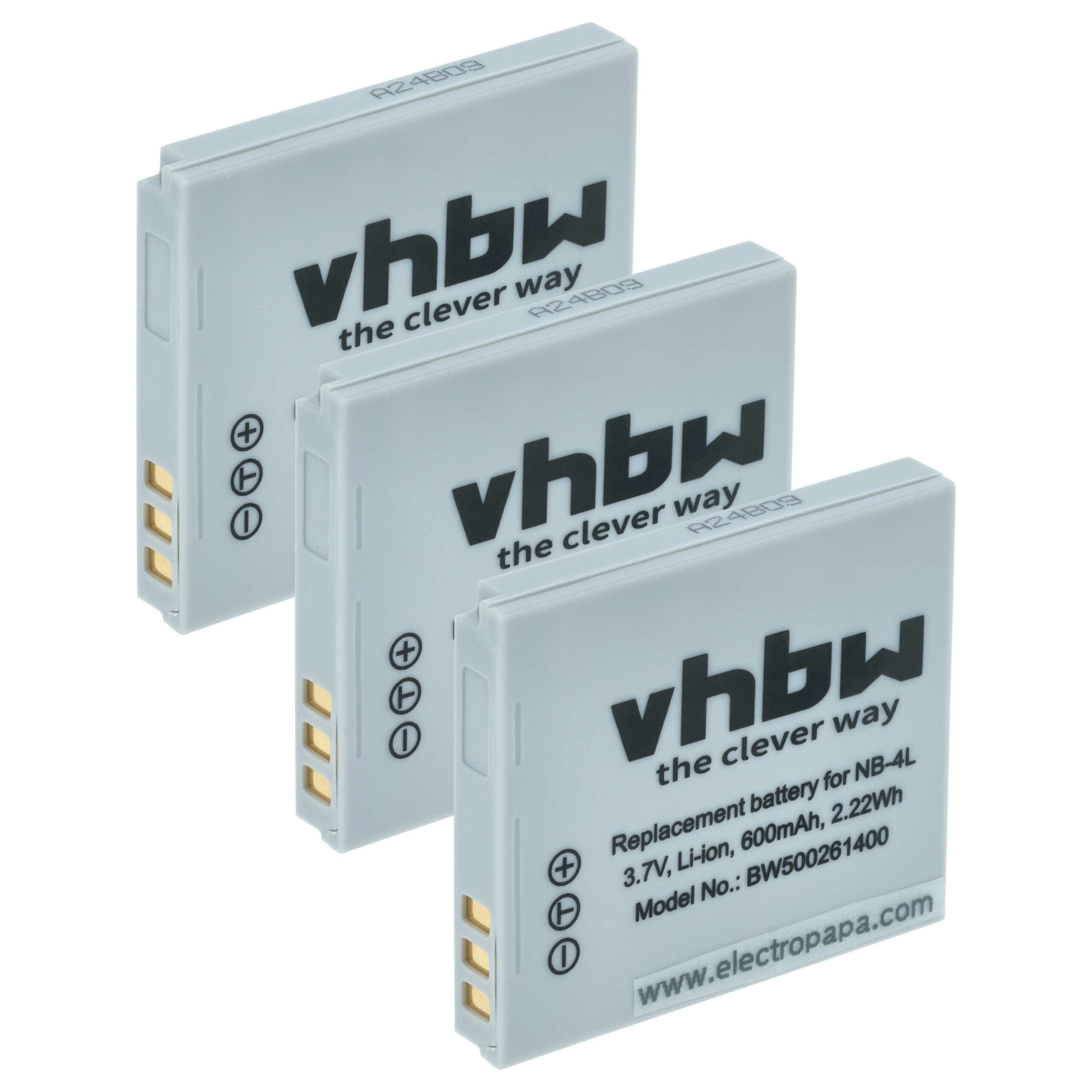 Pack 3x Bateria vhbw compatível Canon NB-4L - 600mAh, 3.6V, Li-Ion