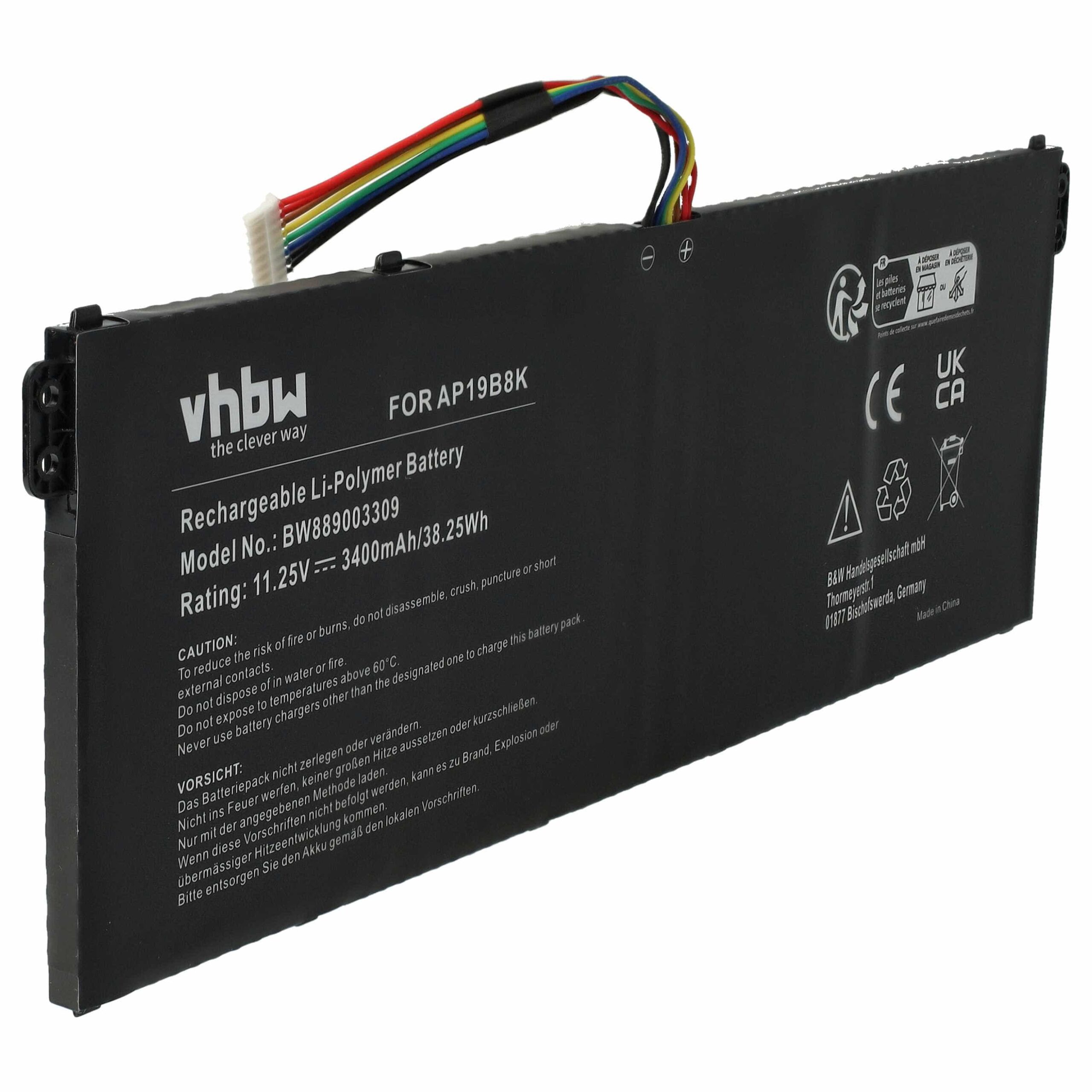 Bateria vhbw para Acer (KT0030G022, KT00304013, AP19B8K, AP18C4K) - 3400 mAh 11.25 V Li-polímero, preta
