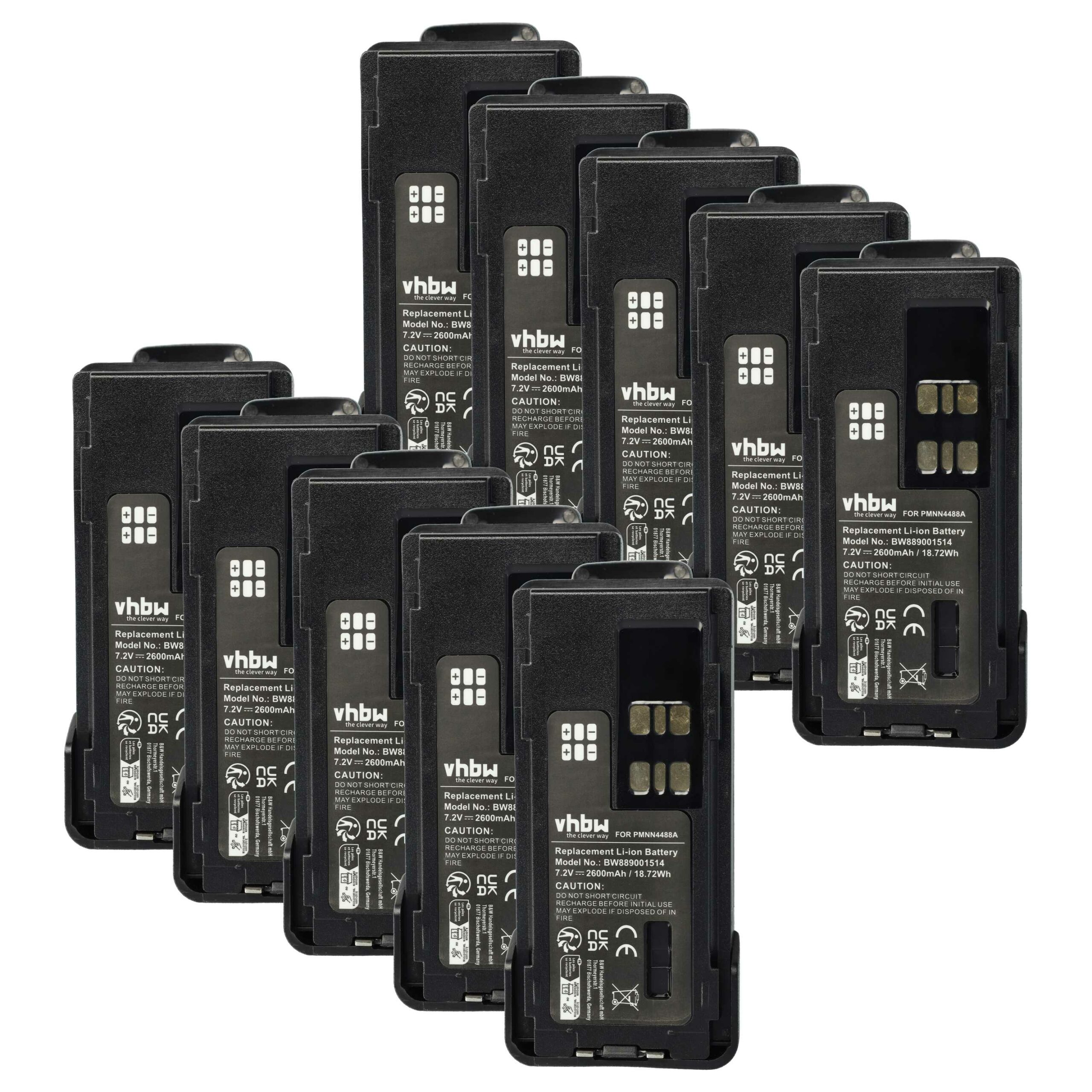 Pack 10x Bateria vhbw para Motorola PMNN4415AR, PMNN4415, PMNN441 - 2600 mAh 7.4 V Li-Ion + Clip