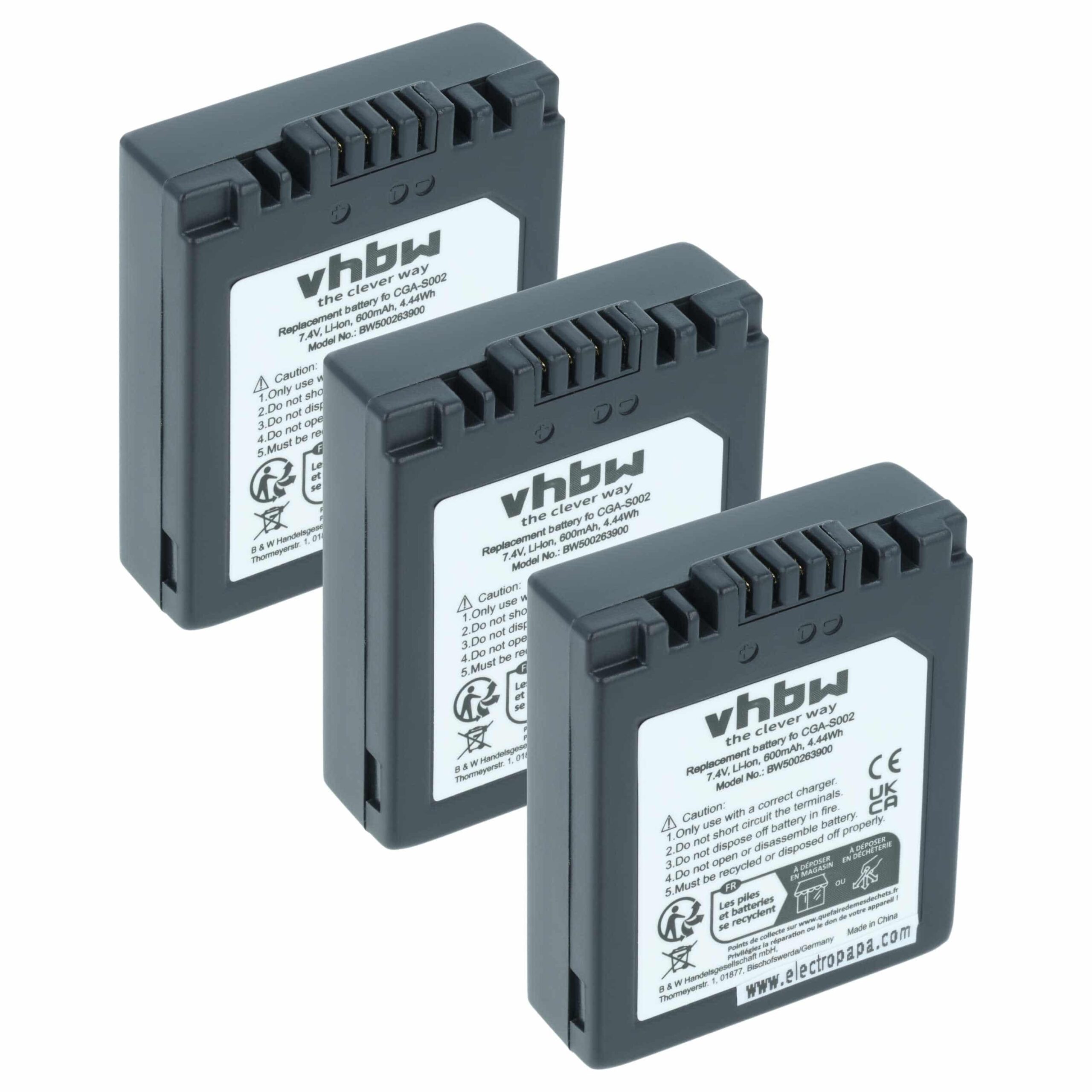 Bateria vhbw compatível com Panasonic CGA-S002A/1B, CGA-S002E, CGA-S002, CGA-S002A, CGA-S001HH - 550mAh, 7.2V, Li-Ion (pack 3x)