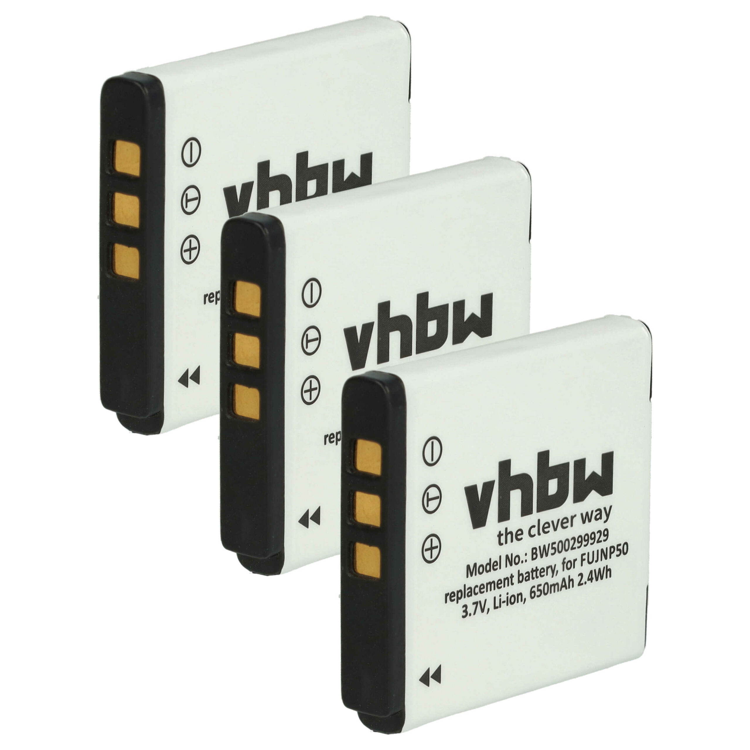 Pack 3x Bateria vhbw NP-50 para Fujifilm e Kodak - 650mAh, 3.6V, Li-Ion