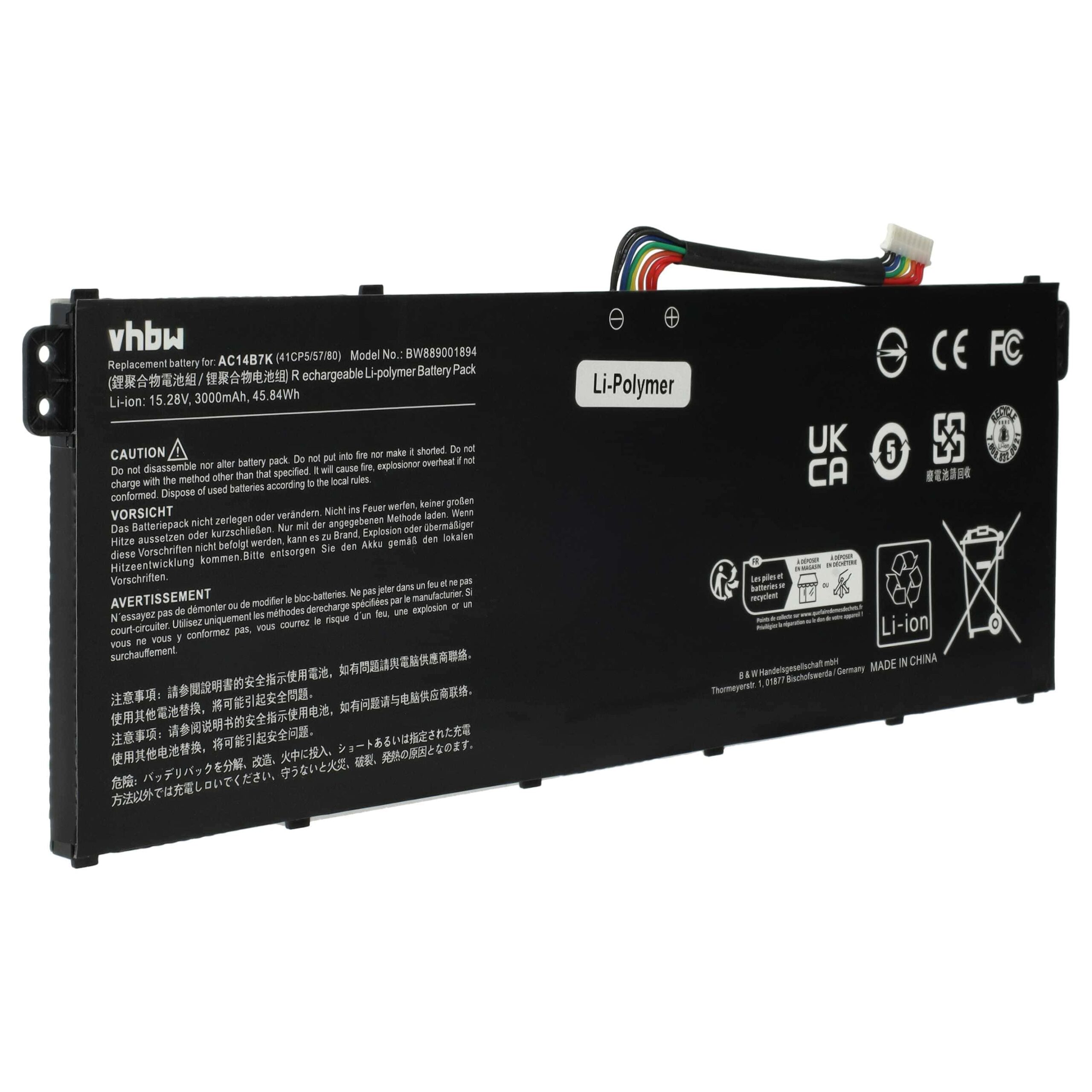 Bateria vhbw para Acer AC14B7K - 3000 mAh 15.28 V Li-polímero, preta - Image 3