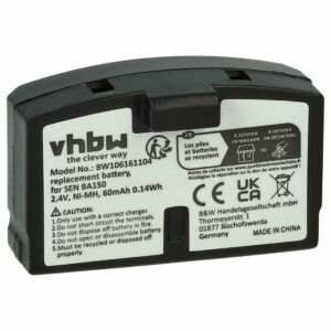 Bateria para Auscultadores Wireless vhbw compatível com Sennheiser BA151, BA150, BA152 - 60 mAh 2.4V NiMH