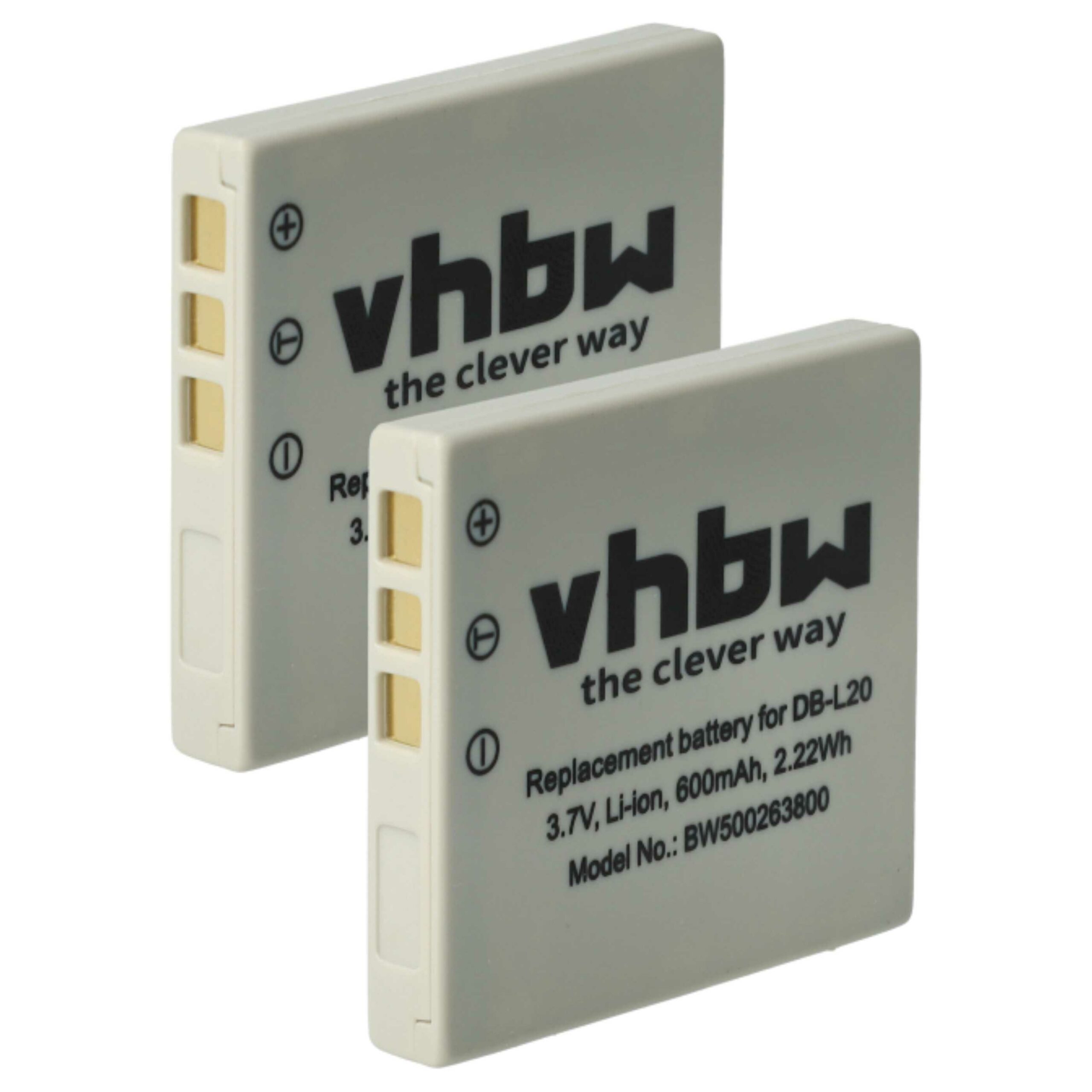 2x Bateria compatível Sanyo DB-L20, DB-L20A, DB-L20AEX - 600mAh, 3.7V, Li-Ion
