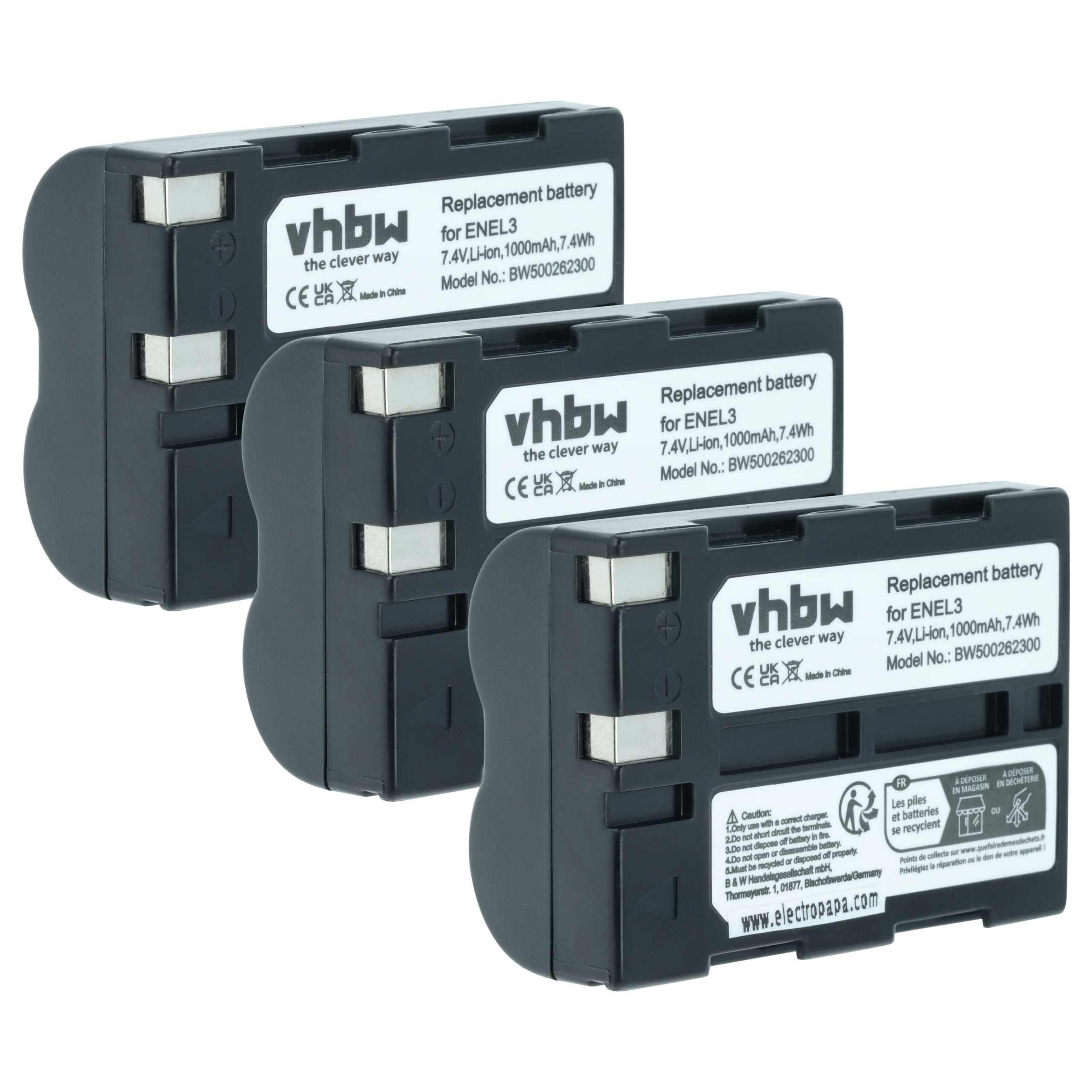 3x Bateria compatível com Nikon EN-EL3, EN-EL3a - 1000mAh, 7.2V, Li-Ion