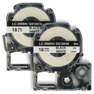 2x Fita de Etiquetas Compatível com Epson SS18KW, LC-5WBN - 18 mm Preto sobre Branco