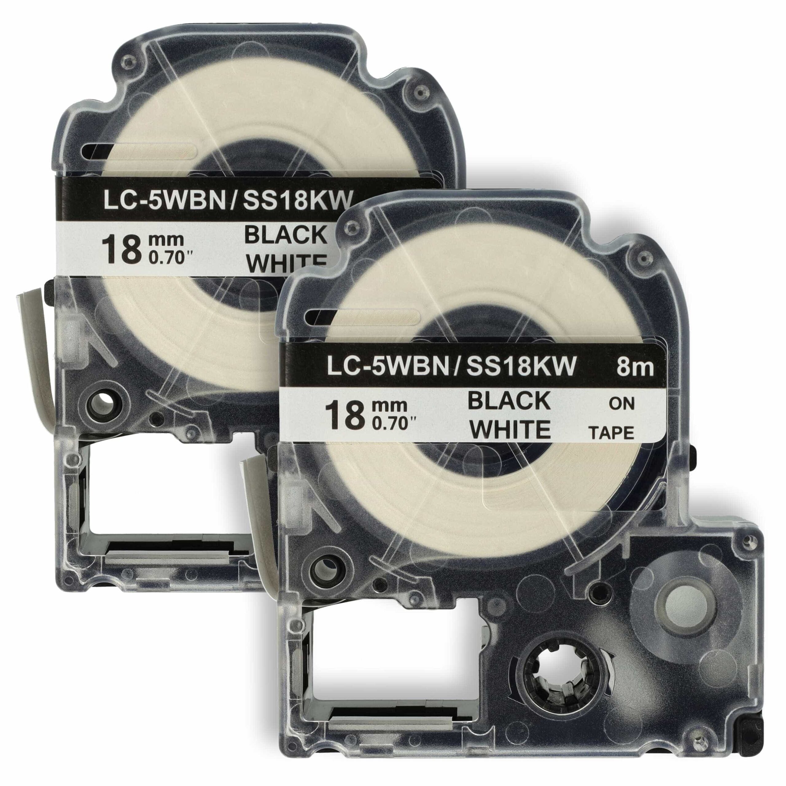 2x Fita de Etiquetas Compatível com Epson SS18KW, LC-5WBN - 18 mm Preto sobre Branco