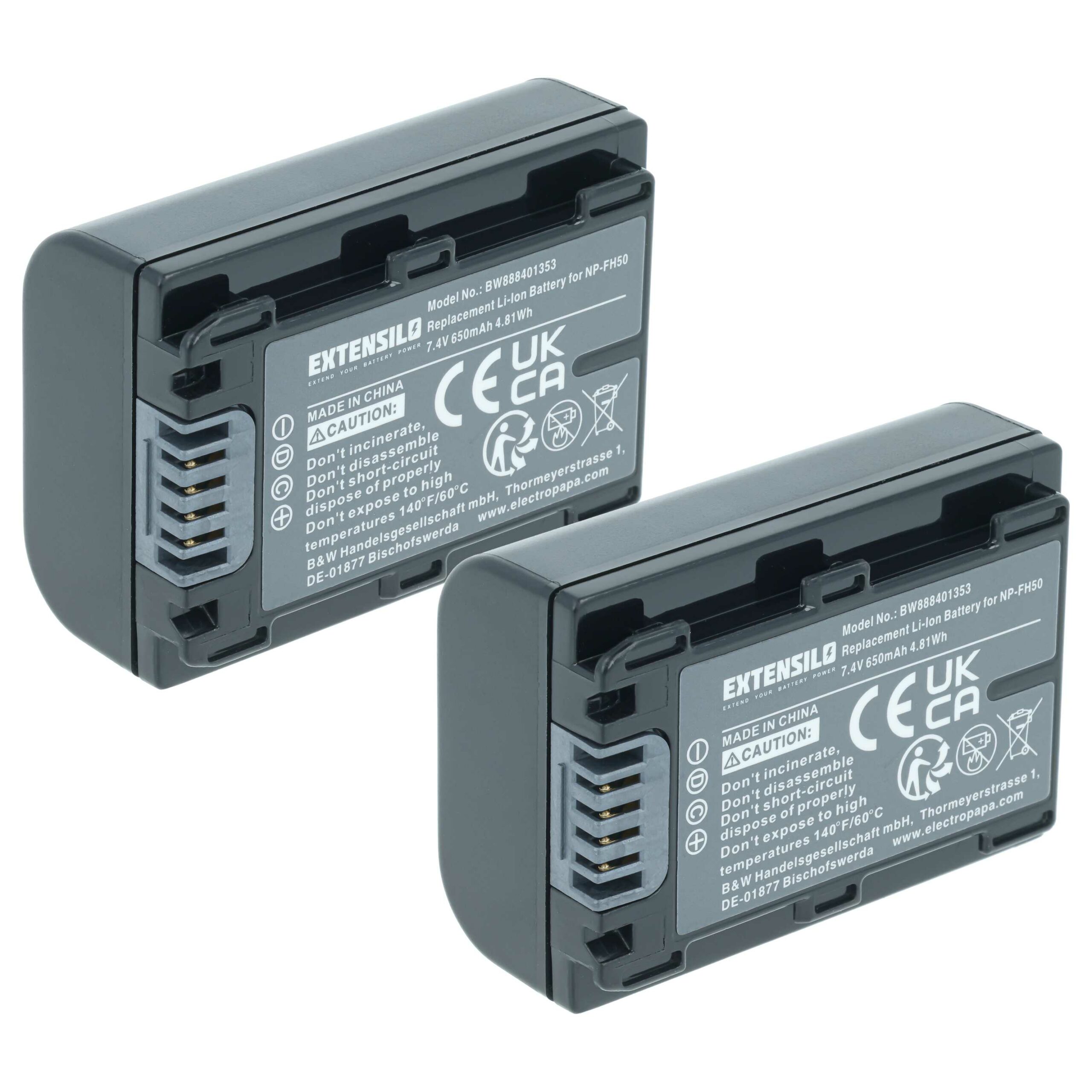 2x Bateria EXTENSILO para Sony NP-FH70, NP-FH40, NP-FH100, NP-FH50 - 650mAh, 7.2V, Li-Ion