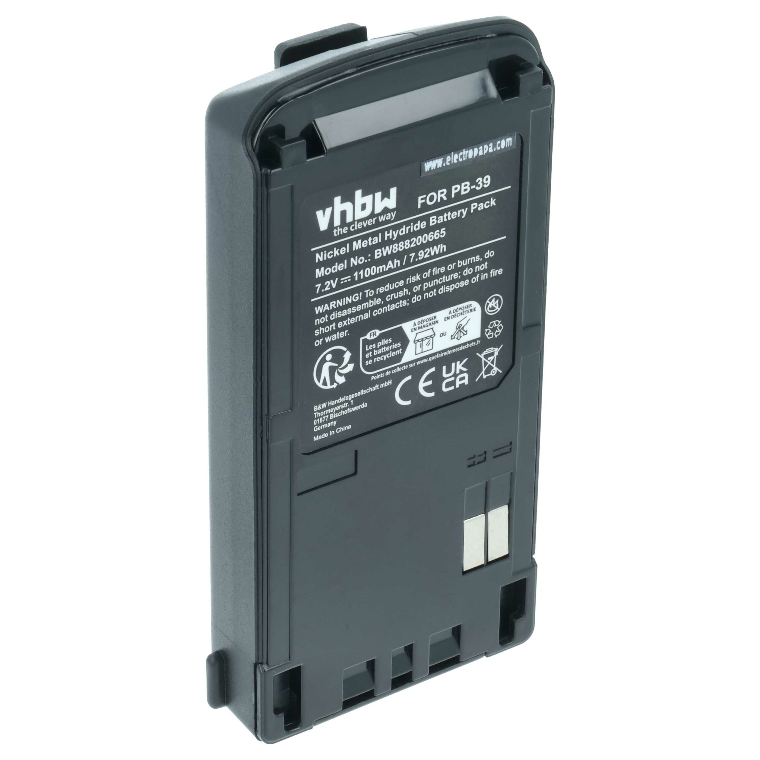 Bateria vhbw para Rádio Kenwood PB-39H, PB-39, PB-38 - 1100 mAh 7.2V NiMH com Clip