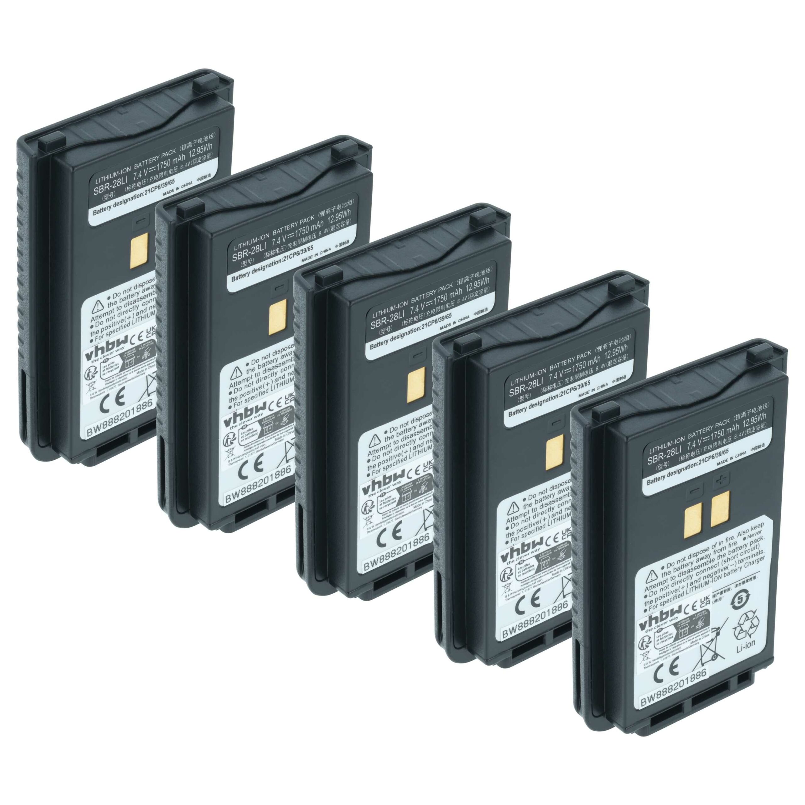 5x Bateria vhbw compatível com Yaesu SBR-28, SBR-28Li - 1750 mAh 7.4 V Li-Ion