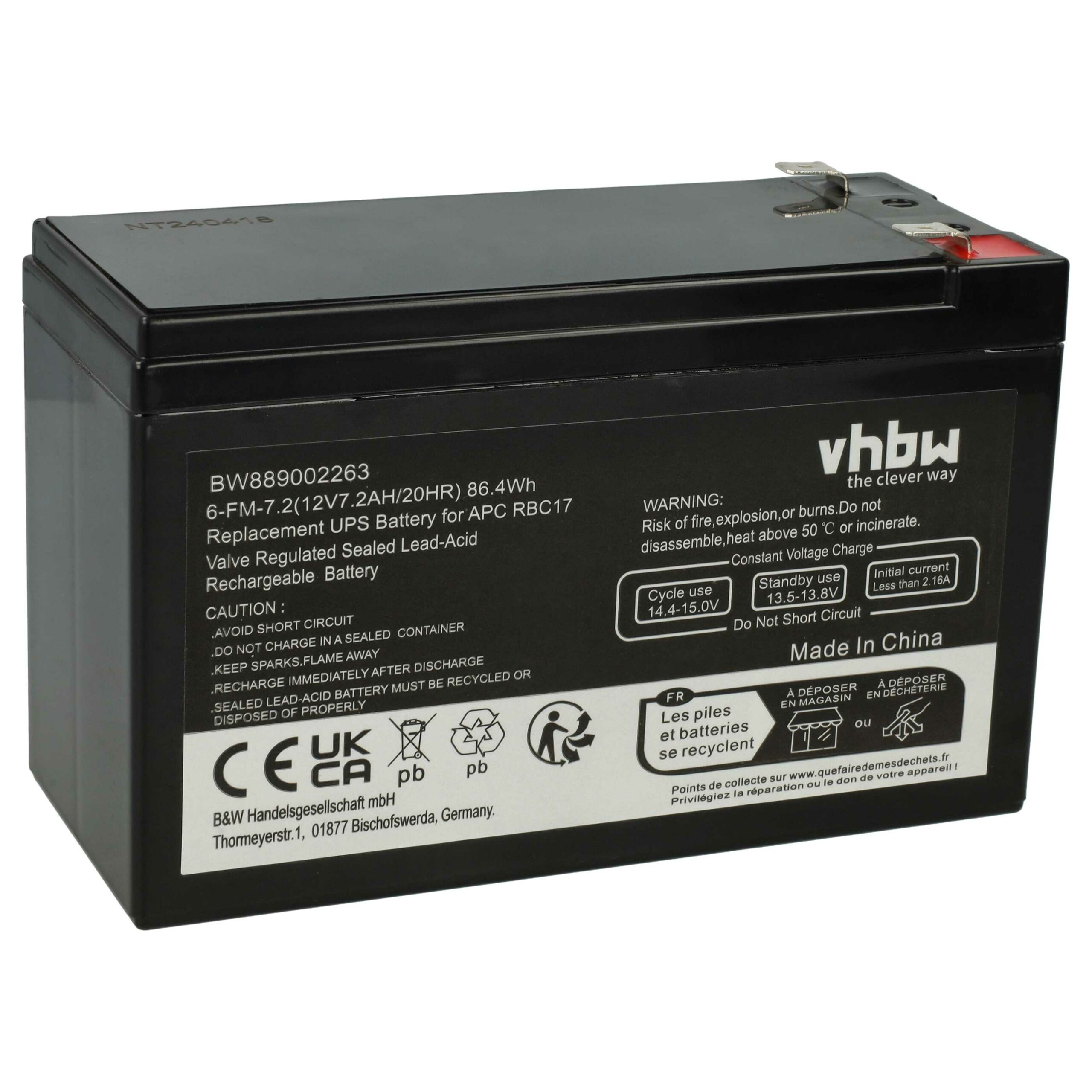 Bateria UPS vhbw compatível com APC RBC17 - 12 V 7.2 Ah AGM