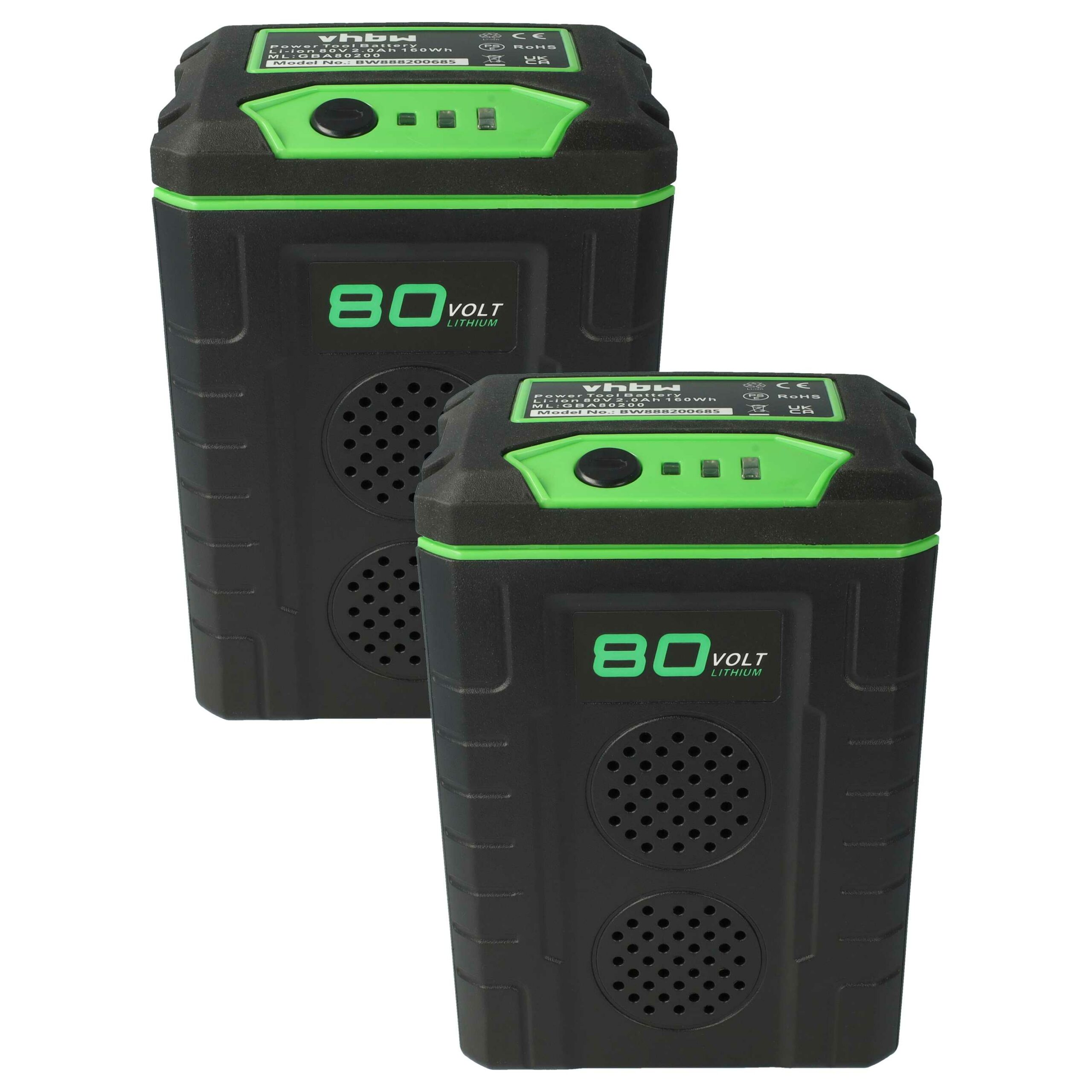 2x Bateria substitui Greenworks 2901307, 80V Max, 2901302, 2902407, 2901207 - 2000 mAh 80 V Li-Ion, preta