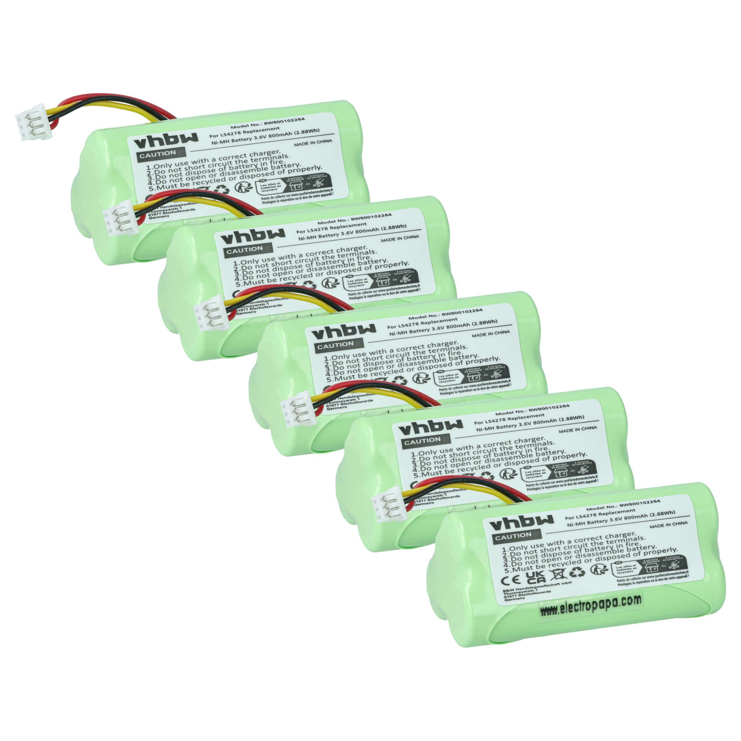 Pack de 5 Baterias vhbw para Leitores de Código de Barras Symbol/Zebra - 800 mAh 3.6V