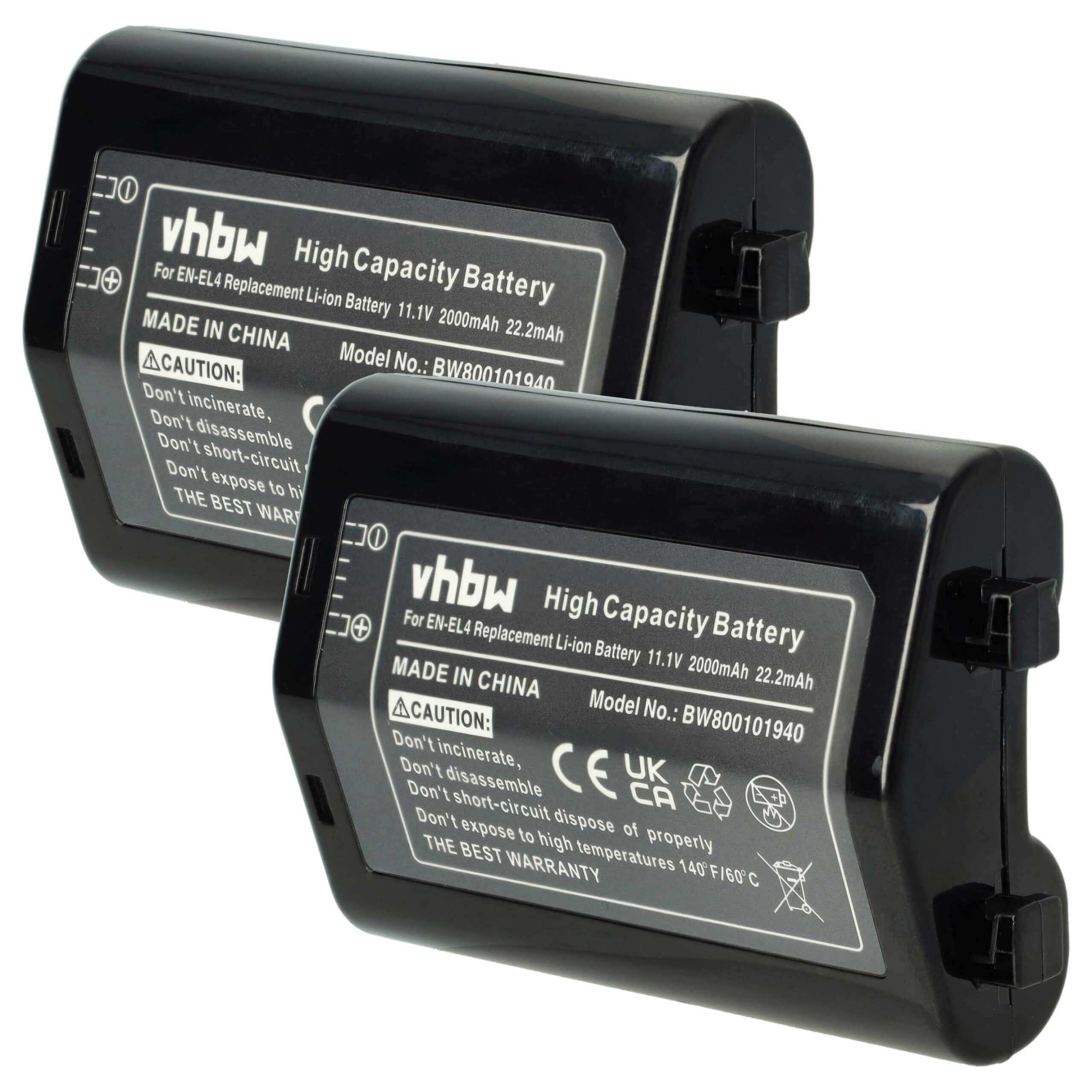 2x Bateria vhbw para Nikon EN-EL4, EN-EL4a - 2000mAh, 11.1V, Li-Ion