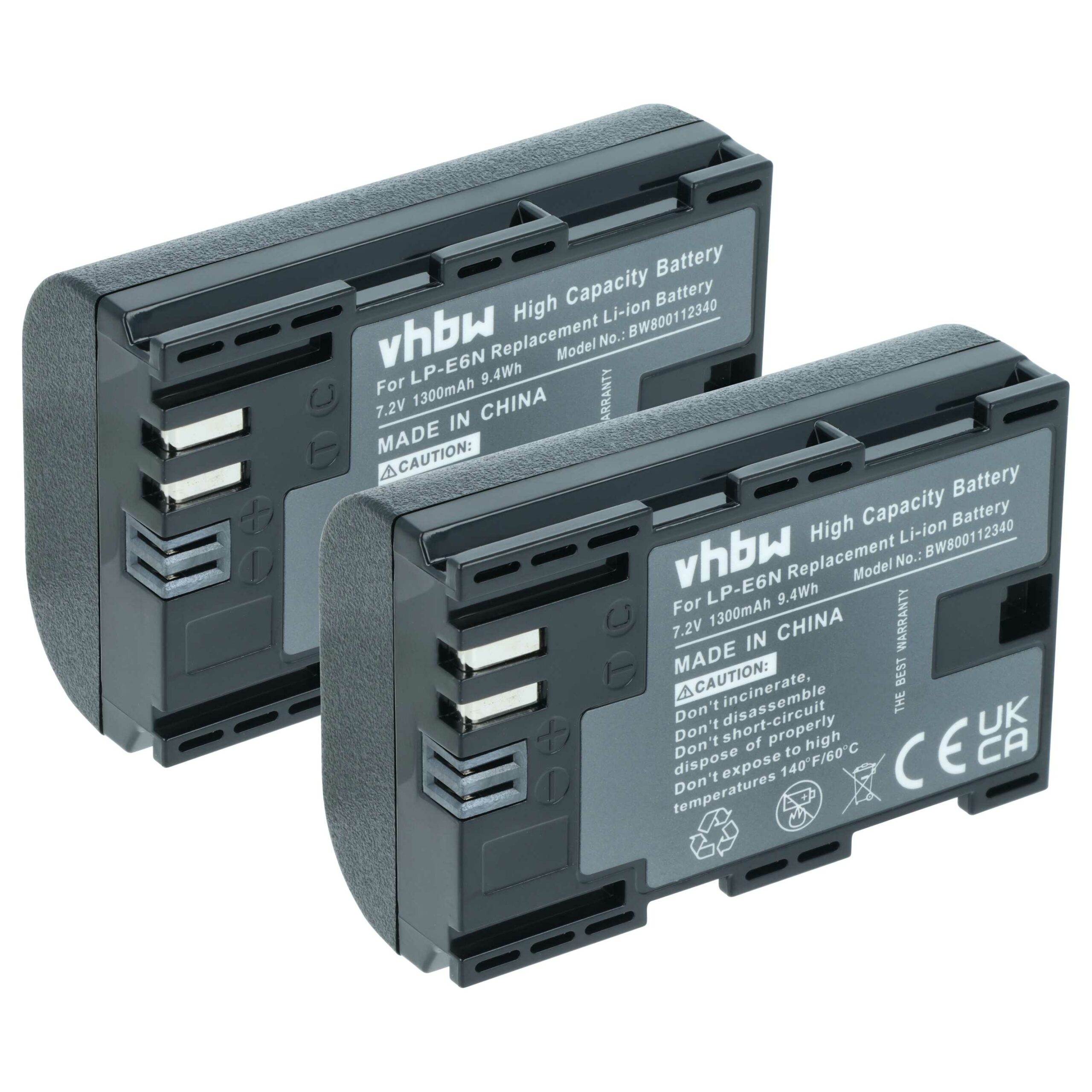 2x Bateria vhbw LP-E6N - 1300mAh, 7.2V, Li-Ion com Chip de Informação para Canon