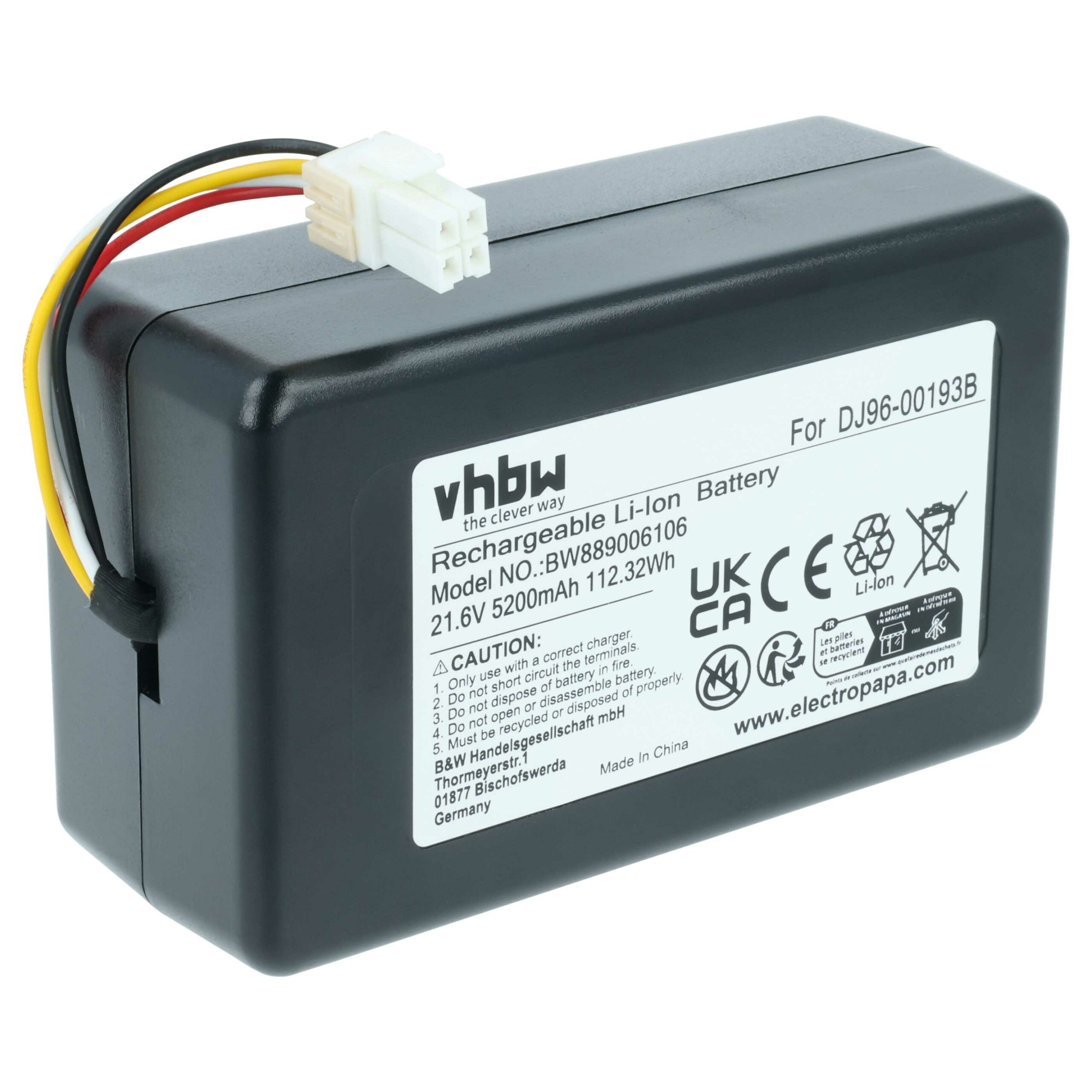 Bateria de substituição vhbw para Samsung DJ96-00193F, DJ96-00193B, DJ68-00741V-00, VCA-RBT72 - 5200mAh, 21.6V, Li-Ion
