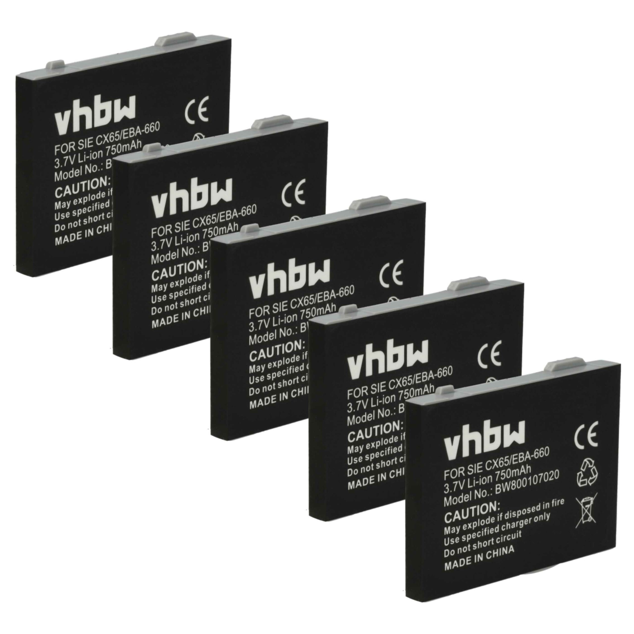 5x Bateria vhbw compatível com Siemens EBA-660, EBA-670, EBA-760 para telefone fixo - 750 mAh 3.7 V Li-Ion
