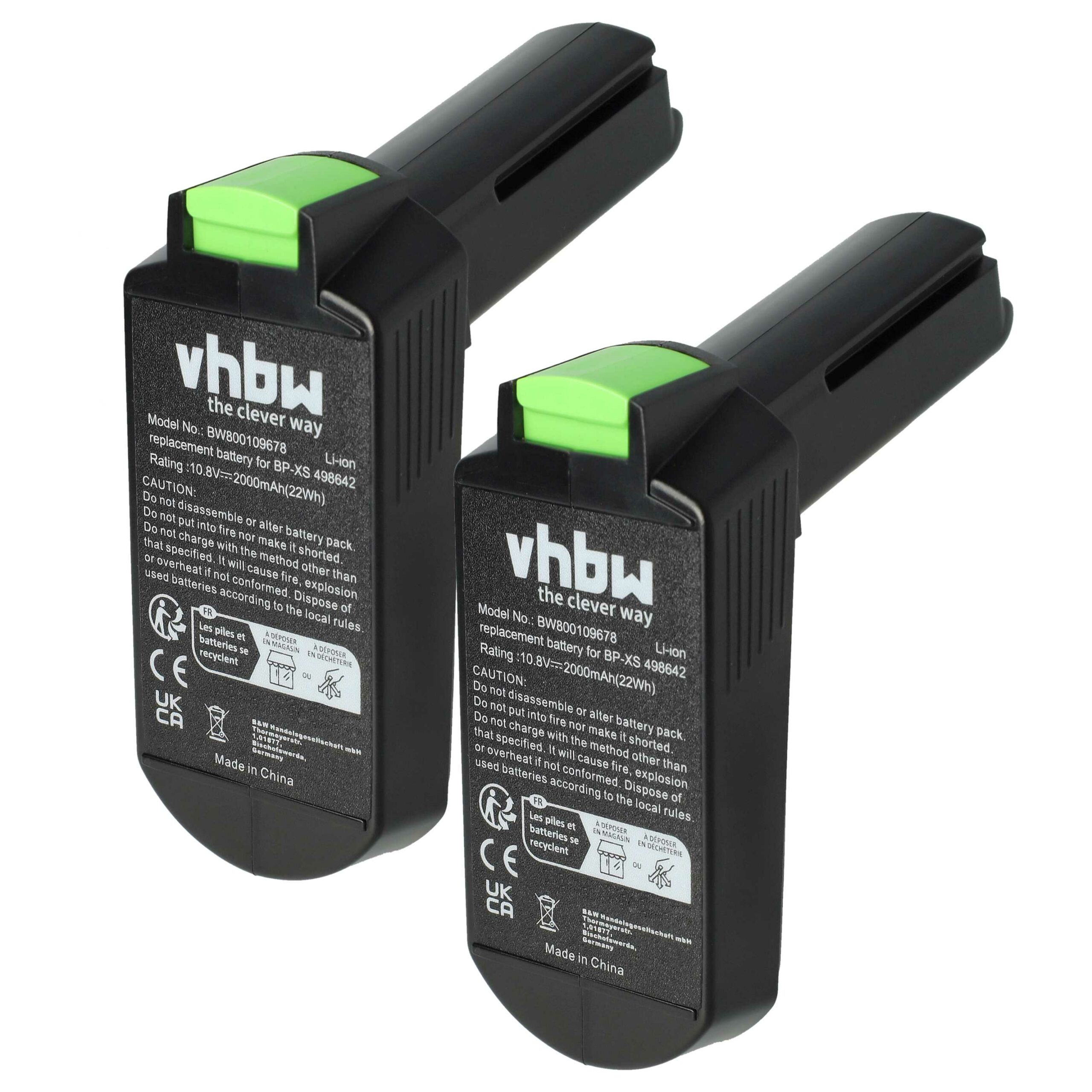 2x Bateria vhbw para Festool 498616, 498338, 498336, 498339 - 10.8 V, 2000 mAh, Li-Ion