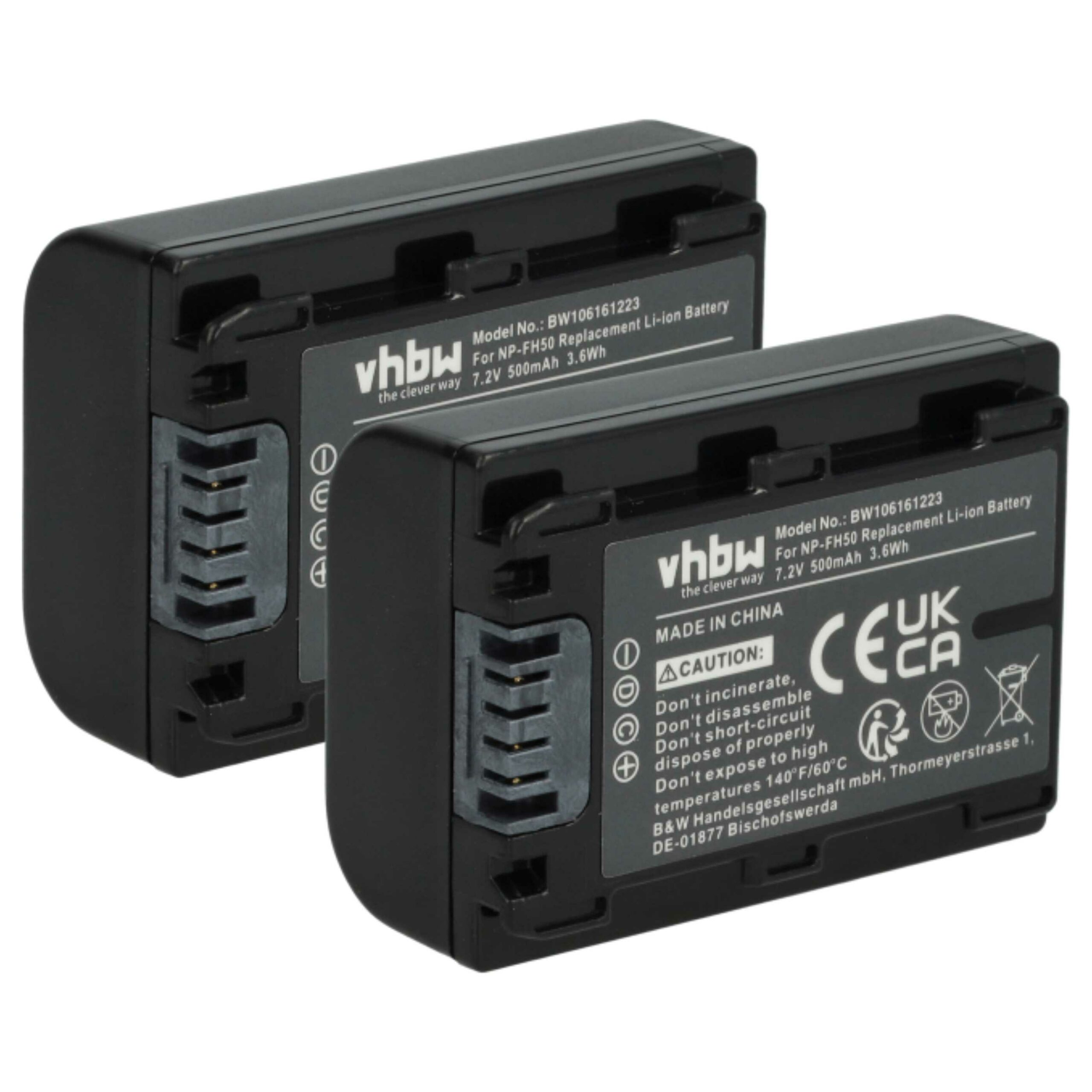 2x Bateria vhbw NP-FH50, NP-FH100, NP-FH70, NP-FH40 - 500mAh, 7.2V, Li-Ion com Chip de Informação