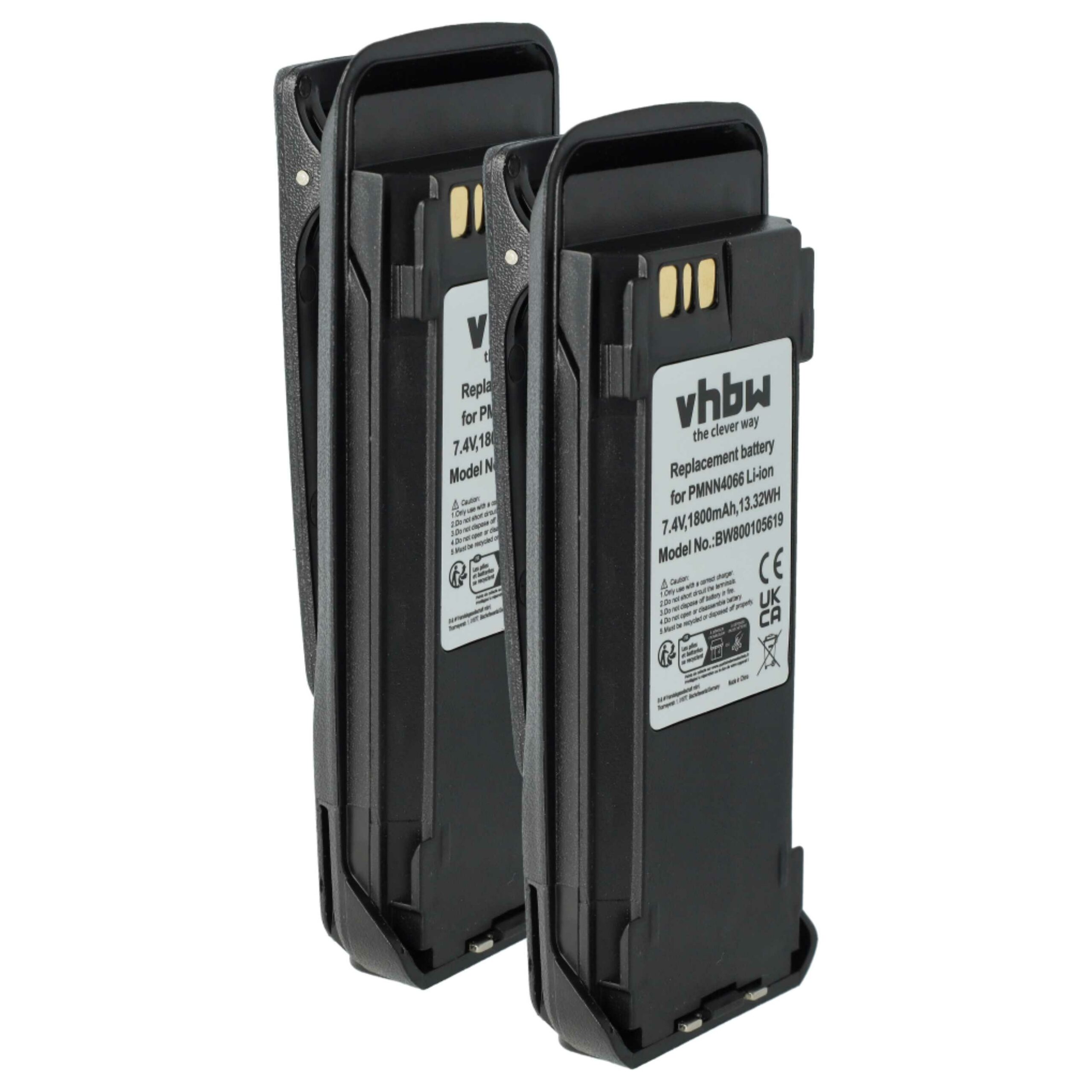 2x Bateria de substituição para Motorola NNTN4066, PMNN4065, NNTN4077, NNTN4103 - 1800 mAh 7.4 V Li-Ion com Clip de Cintura