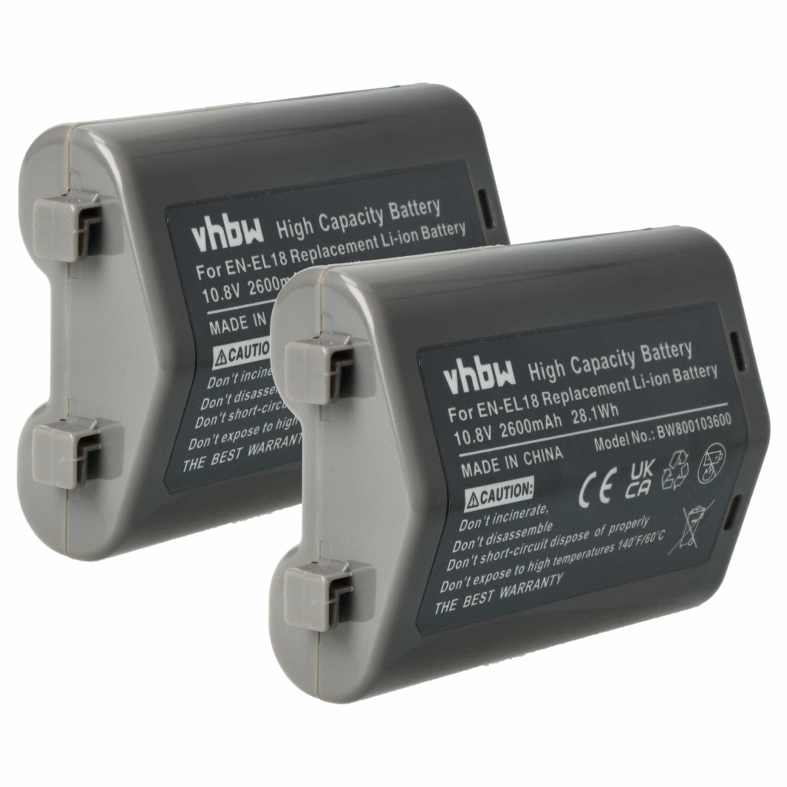 2 Baterias vhbw EN-EL18 compatíveis com Nikon - 2600mAh, 10.8V, Li-Ion com Chip de Informação