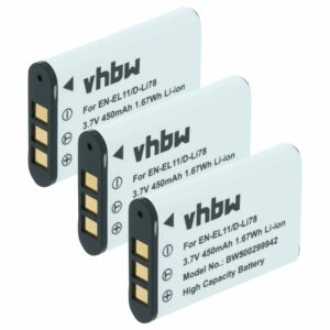 3x Bateria vhbw EN-EL11 compatível com Nikon - 450mAh, 3.6V, Li-Ion