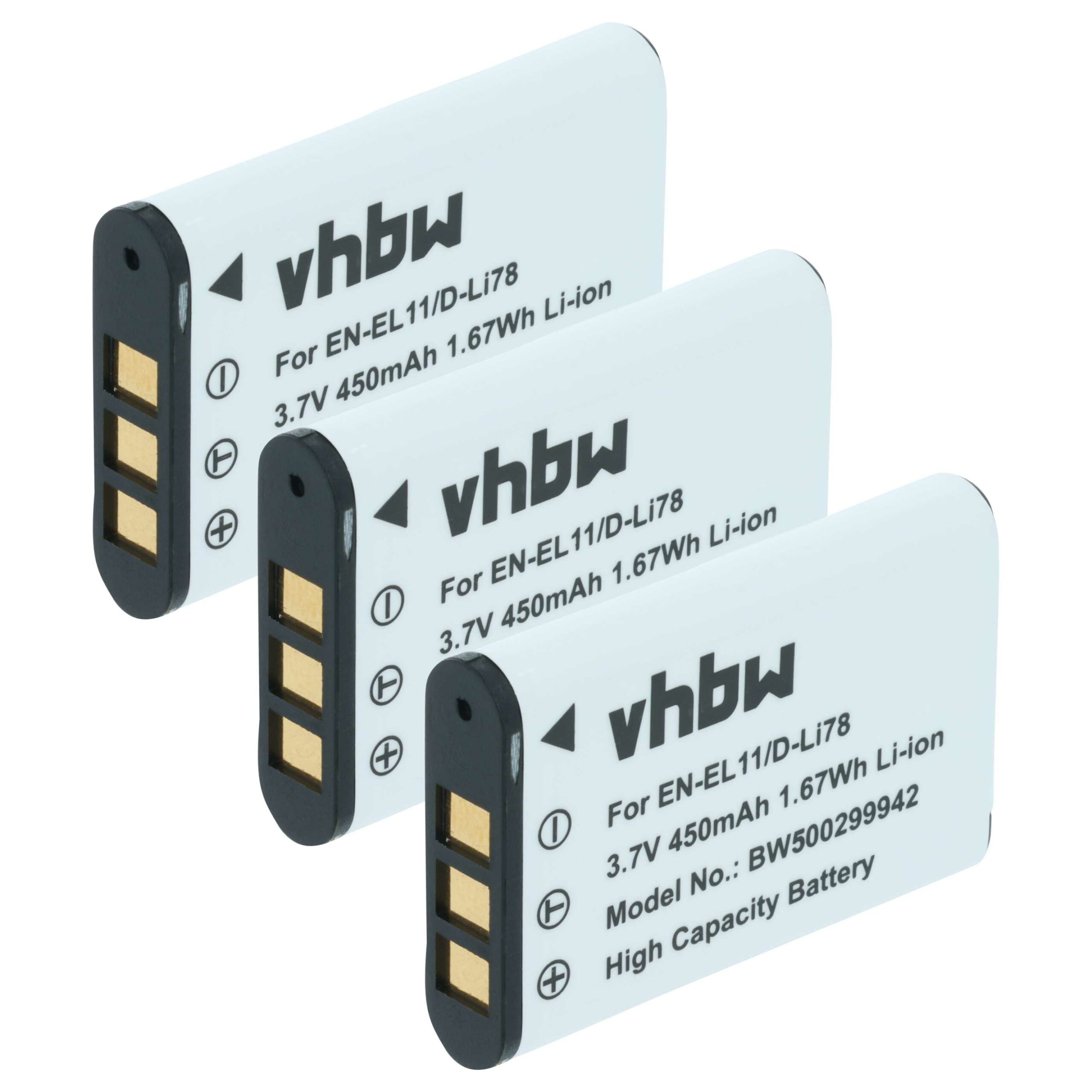 3x Bateria vhbw EN-EL11 compatível com Nikon - 450mAh, 3.6V, Li-Ion