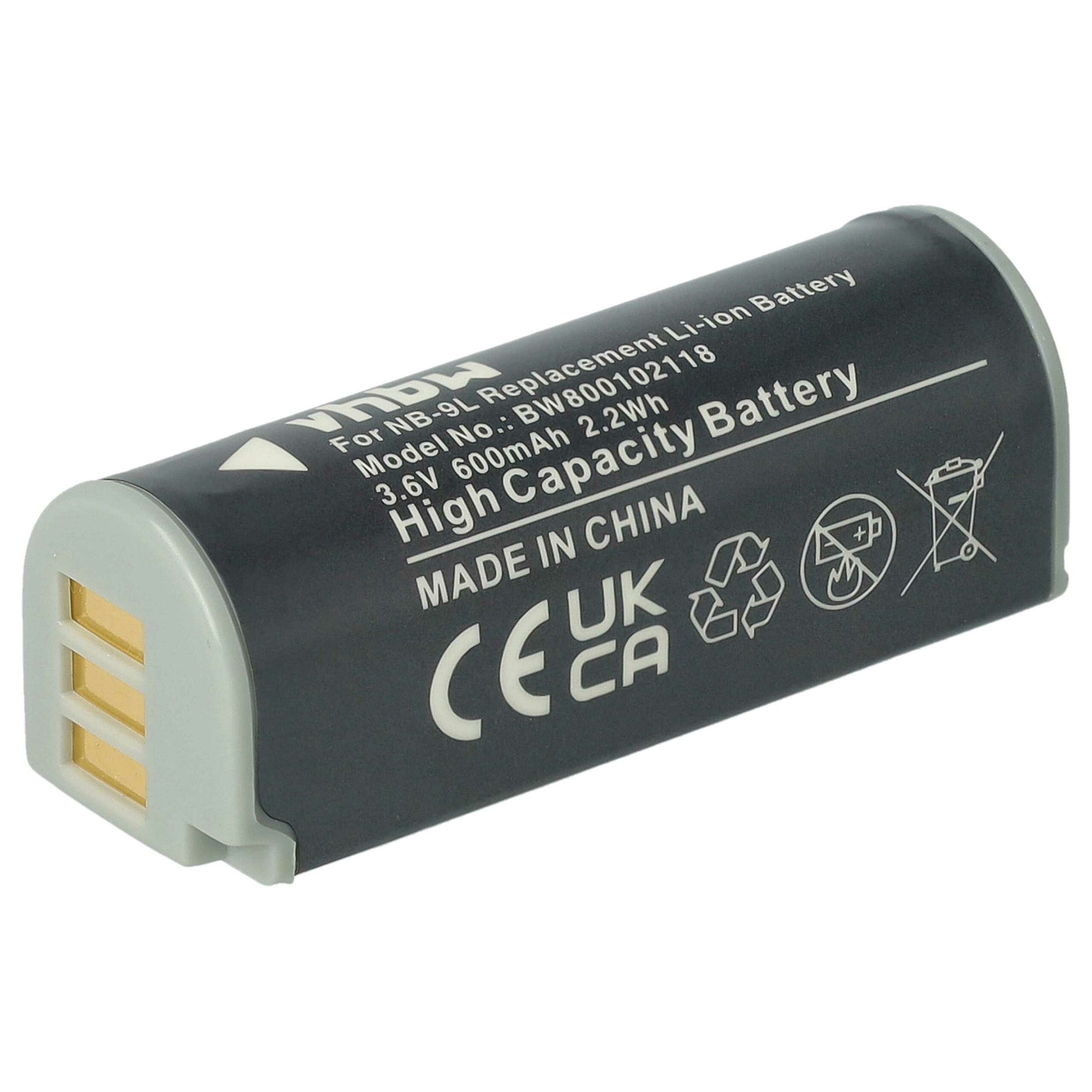 Bateria compatível Canon NB-9L - 600mAh, 3.6V, Li-Ion vhbw