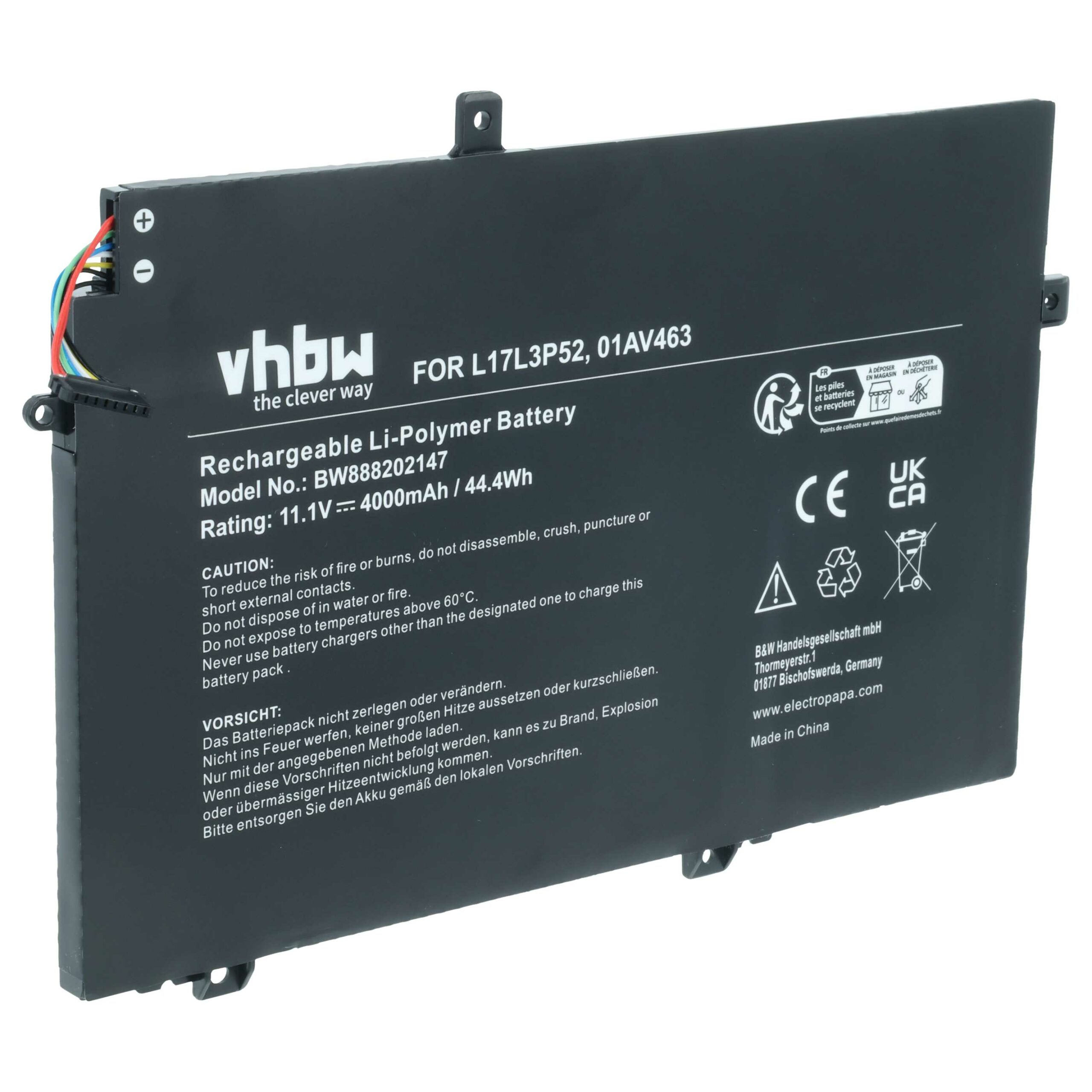 Bateria vhbw para Lenovo 01AV463, 5B10W13894, L17L3P52, SB10K97606 - 4000 mAh 11.1 V Li-polymer