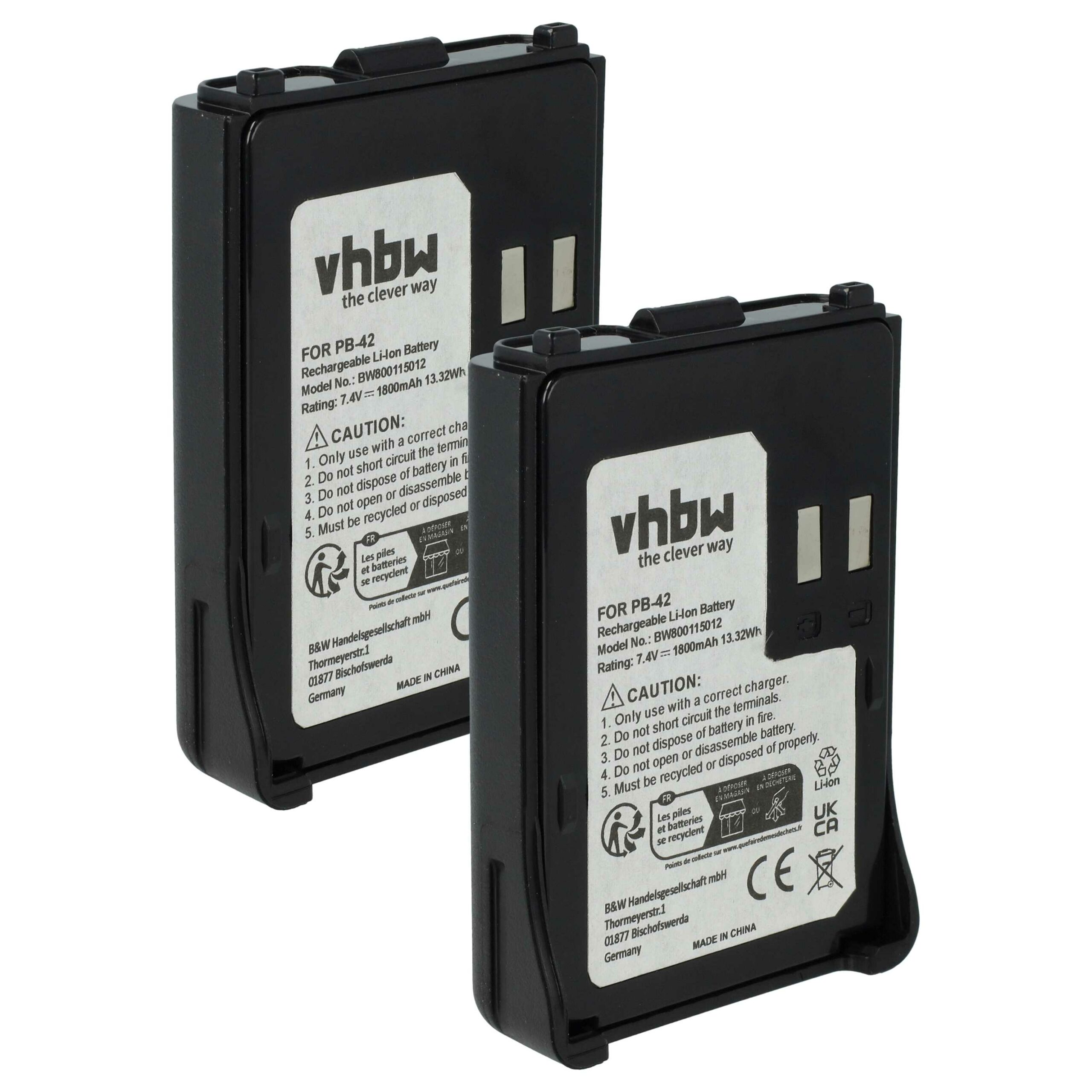 2x Bateria vhbw para Kenwood PB-42Li, PB-42L, PB-42 - 1800 mAh 7.4 V Li-Ion