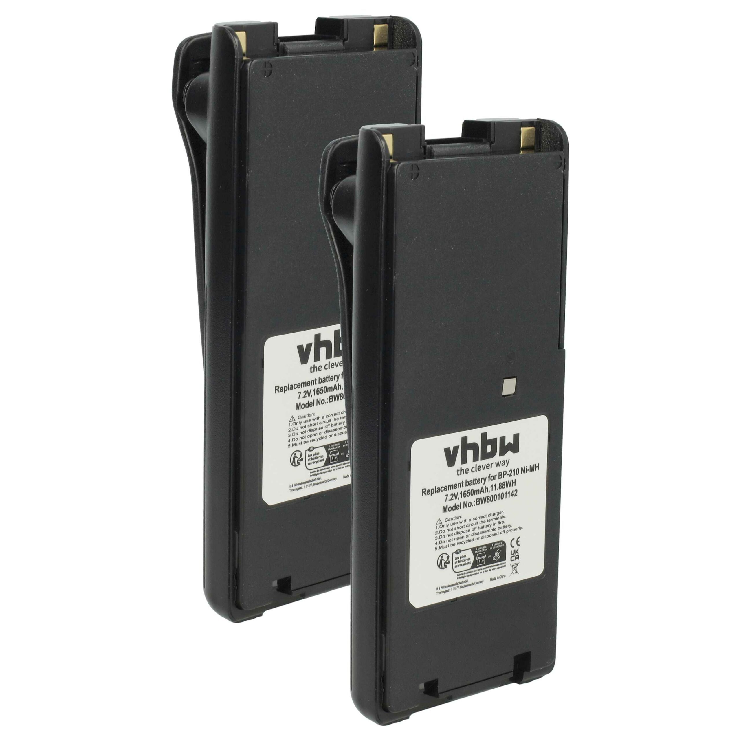 2x Bateria vhbw compatível Icom BP-210N, BP-211, BP-210, BP-209N, BP-209 - 1650 mAh 7.2V NiMH + Clip