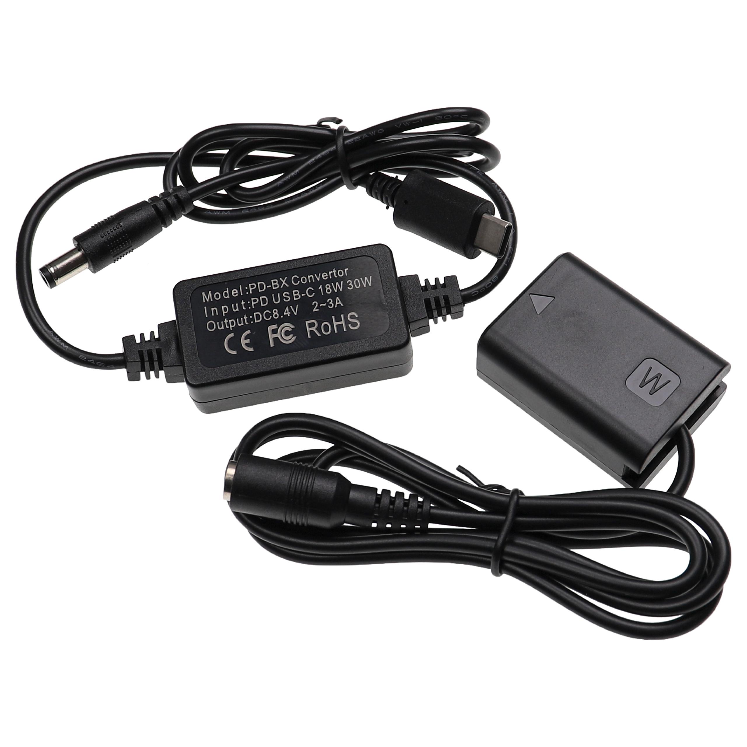 Alimentação USB para Câmara Sony AC-PW20 + Acoplador DC - vhbw 2m 8,4V 3,0A