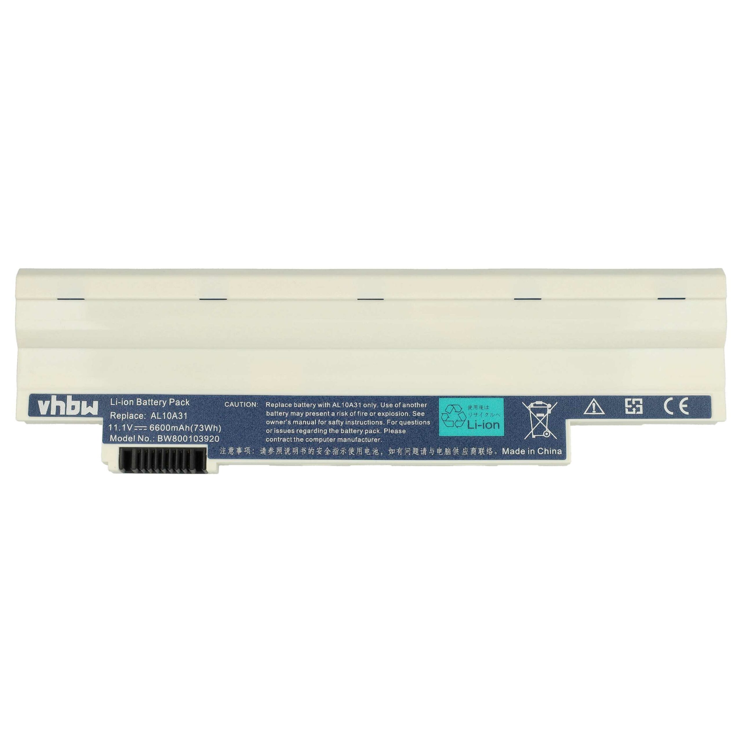 Bateria vhbw para Acer Aspire One D255, D257, D260, D270 - 6600 mAh 11.1 V Li-Ion, branca